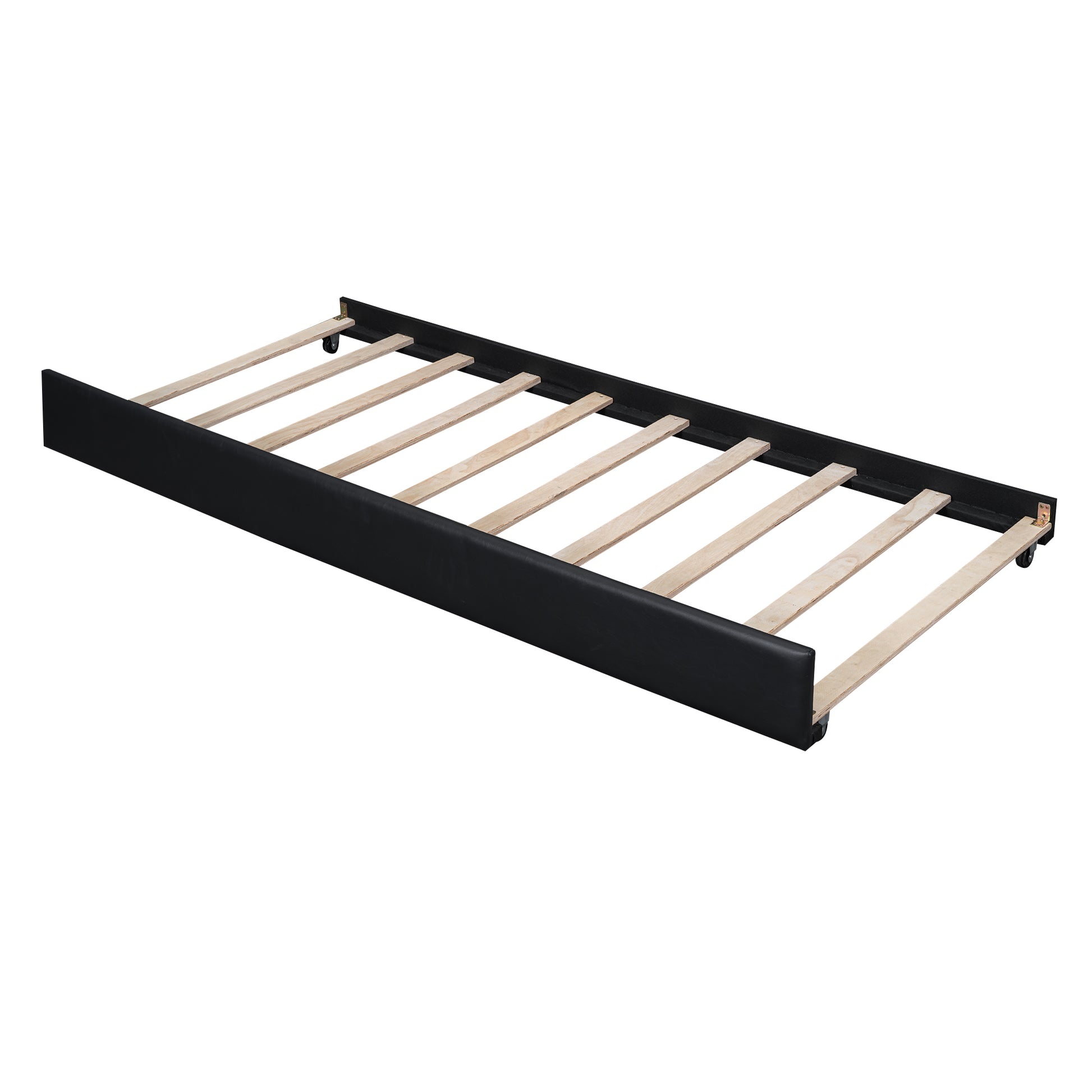 Queen Size Upholstered Platform Bed With Headboard And Twin Size Trundle, Black Box Spring Not Required Queen Black Bedroom Faux Leather Upholstered