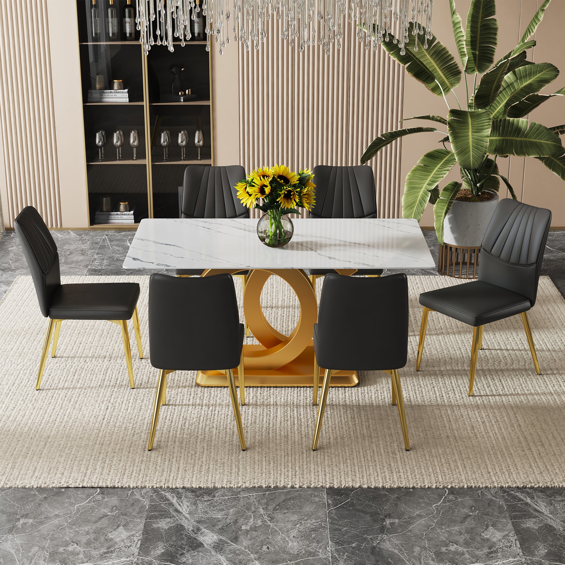 A Modern Minimalist Rectangular Dining Table Suitable For 6 8 People, A Set Of 6 Piece Pu Leather Backrest And Gold Metal Legs Modern Dining Chairs. F Oc C 009 White Mdf Glass
