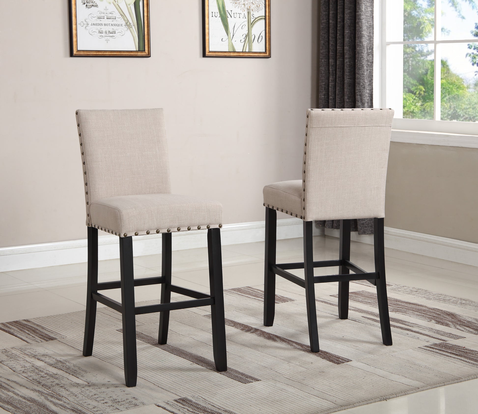 Biony Fabric Bar Stools With Trim, Set Of 2, Tan Tan Wood