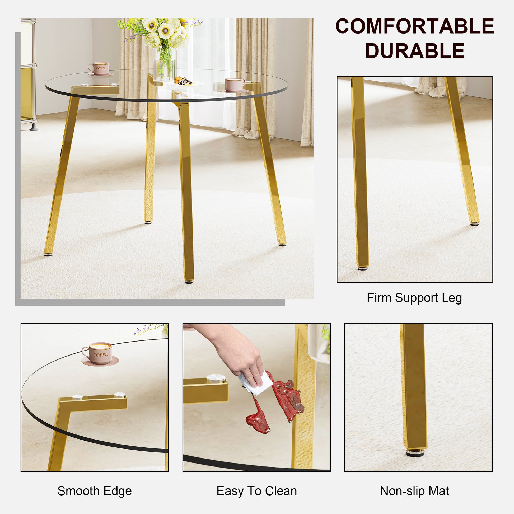 Modern Minimalist Style Circular Transparent Tempered Glass Table, Tempered Glass Tabletop, Golden Metal Legs, Suitable For Kitchen, Dining Room, And Living Room, 40 "* 40" * 29.5 "1123R Transparent Glass