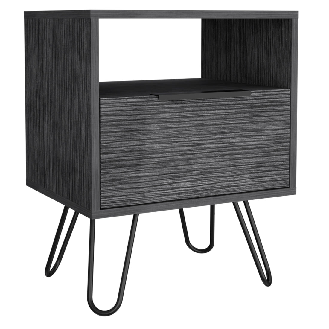 Nightstand 22"H, One Open Shelf, Single Door Cabient, Hairpin Legs, Smokey Oak Gray Particle Board Particle Board