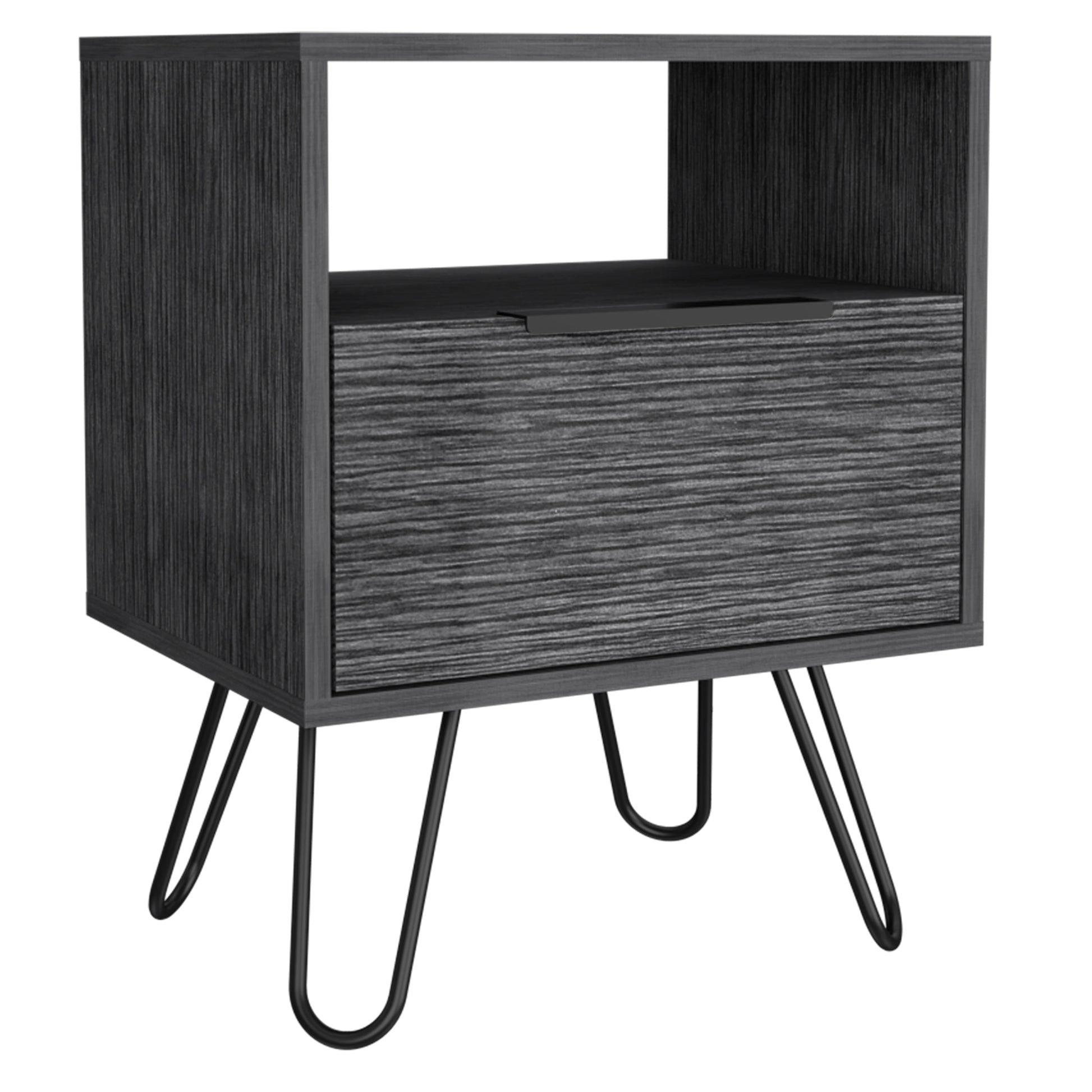 Nightstand 22"H, One Open Shelf, Single Door Cabient, Hairpin Legs, Smokey Oak Gray Particle Board Particle Board