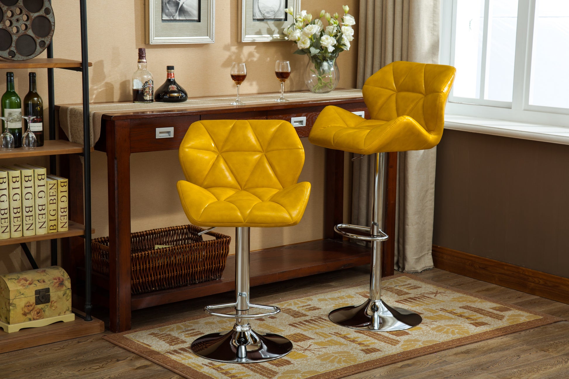 Glasgow Contemporary Tufted Adjustable Height Hidraulic Bar Stools, Set Of 2, Yellow Yellow Faux Leather