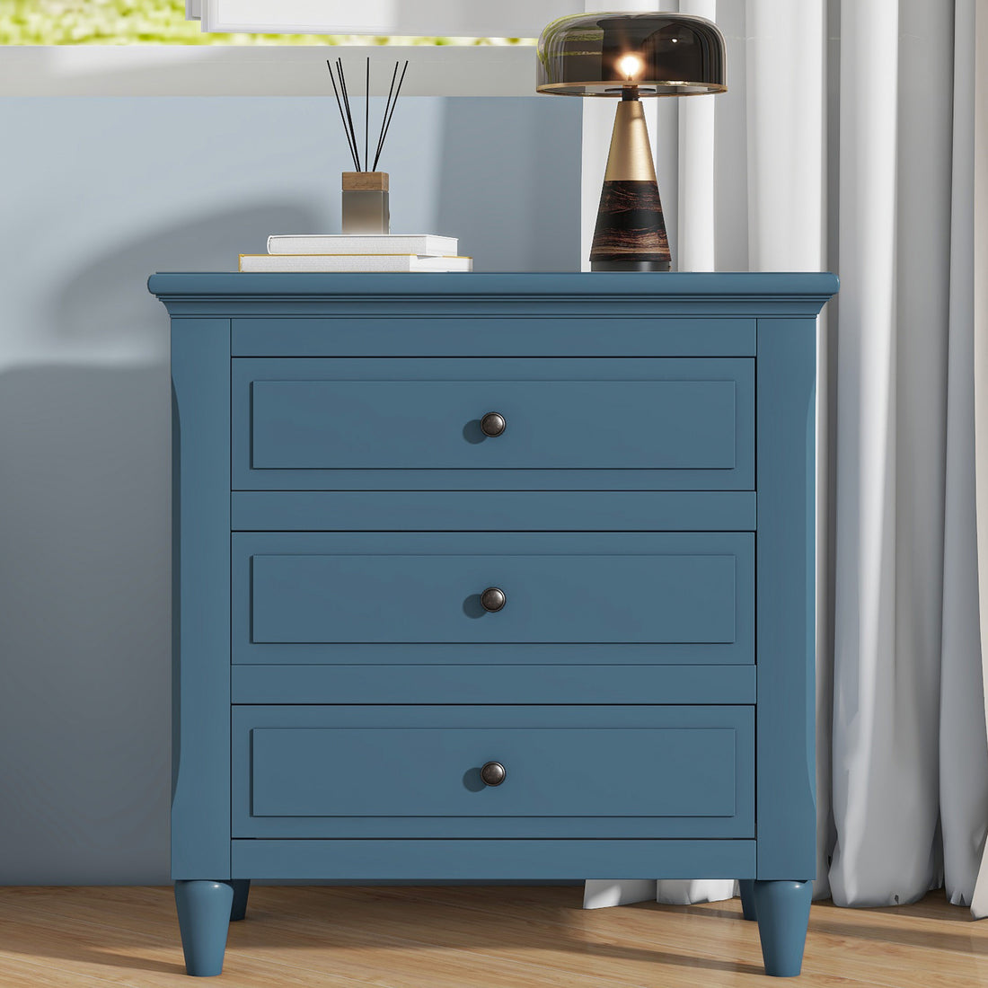 3 Drawer Nightstand Storage Wood Cabinet Blue 3 Drawers Mdf