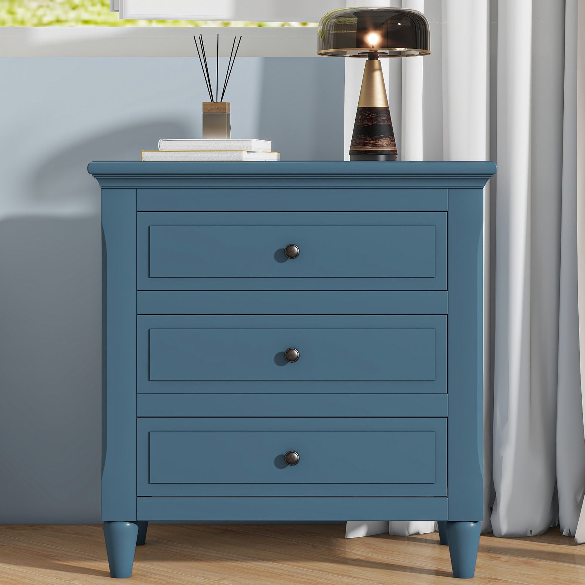 3 Drawer Nightstand Storage Wood Cabinet Blue 3 Drawers Mdf