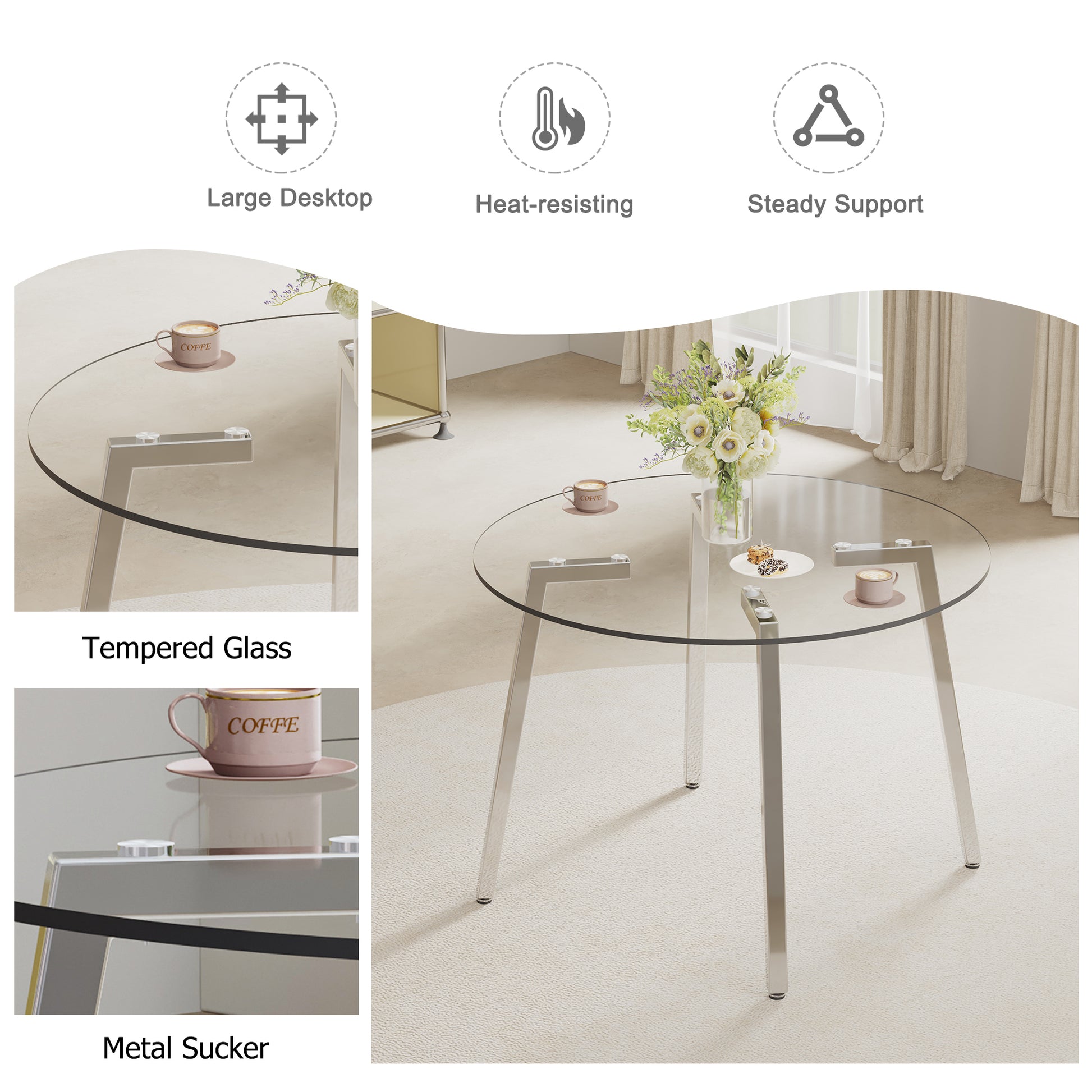 Modern Minimalist Style Circular Transparent Tempered Glass Table, Tempered Glass Tabletop, Silver Metal Table Legs, Suitable For Kitchen, Dining Room, And Living Room, 40 "* 40" * 29.5 "1123R Transparent Glass