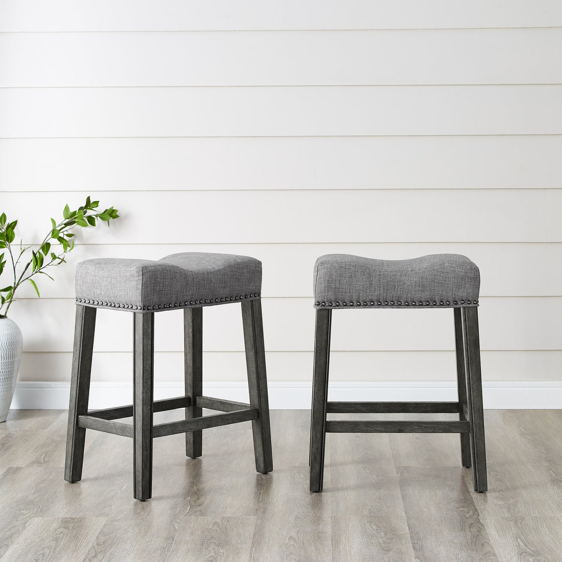 Coco Upholstered Backless Saddle Seat Counter Stools 24" Height Set Of 2, Gray Gray Wood