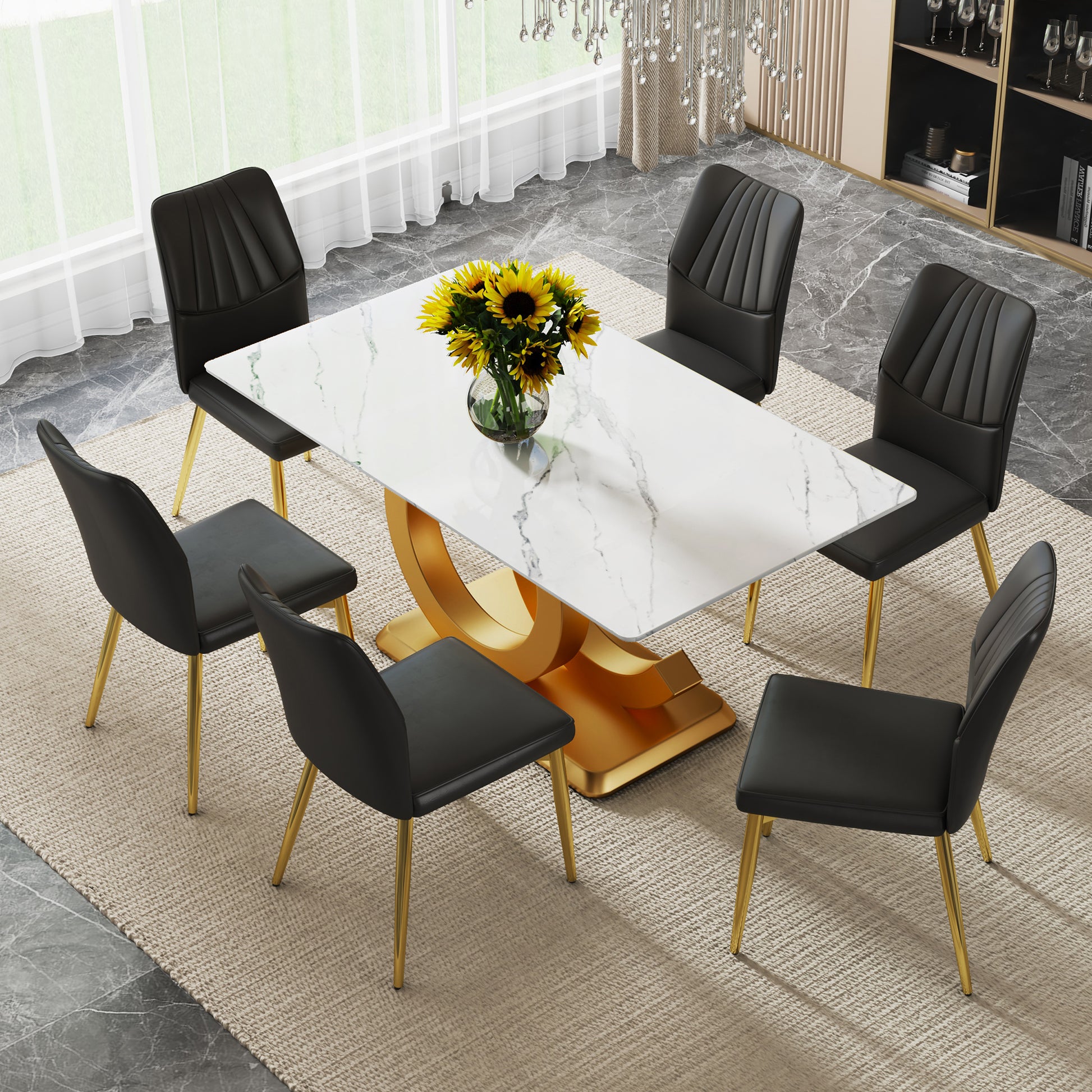 A Modern Minimalist Rectangular Dining Table Suitable For 6 8 People, A Set Of 6 Piece Pu Leather Backrest And Gold Metal Legs Modern Dining Chairs. F Oc C 009 White Mdf Glass