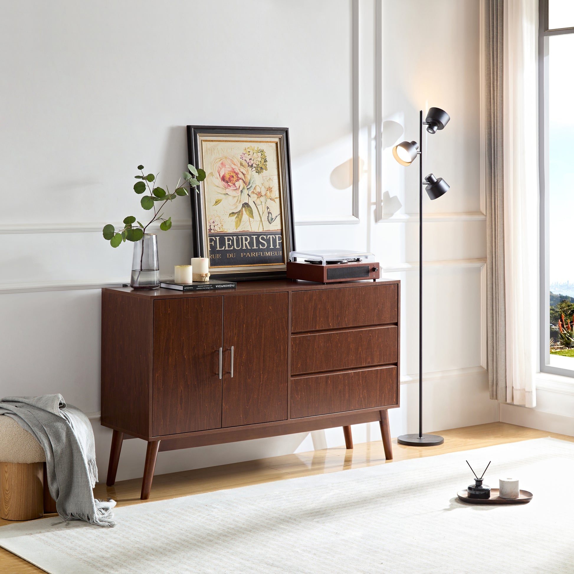 Sideboard Buffet Console Table With Drawers, Media Console With Doors,Storage Cabinet For Living Room & Bedroom Walnut 50 59 Inches Retro Solid Wood Mdf