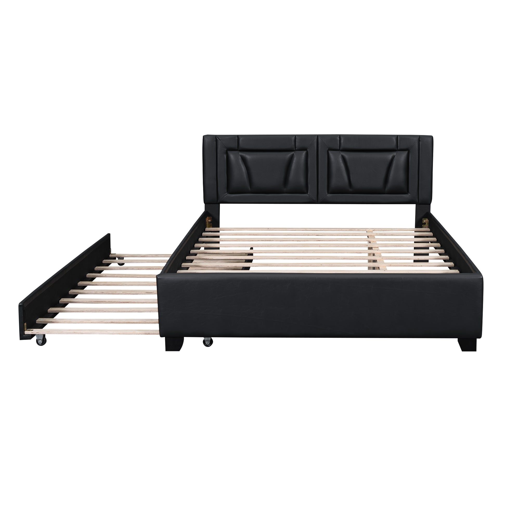 Queen Size Upholstered Platform Bed With Headboard And Twin Size Trundle, Black Box Spring Not Required Queen Black Bedroom Faux Leather Upholstered