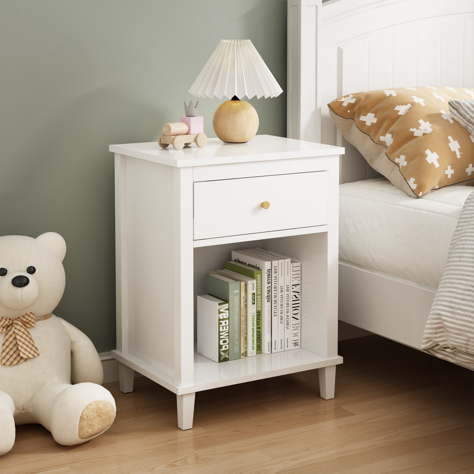 26.77''H Wooden Nightstand With One Drawer One Shelf For Kids, Adults, White White Mdf