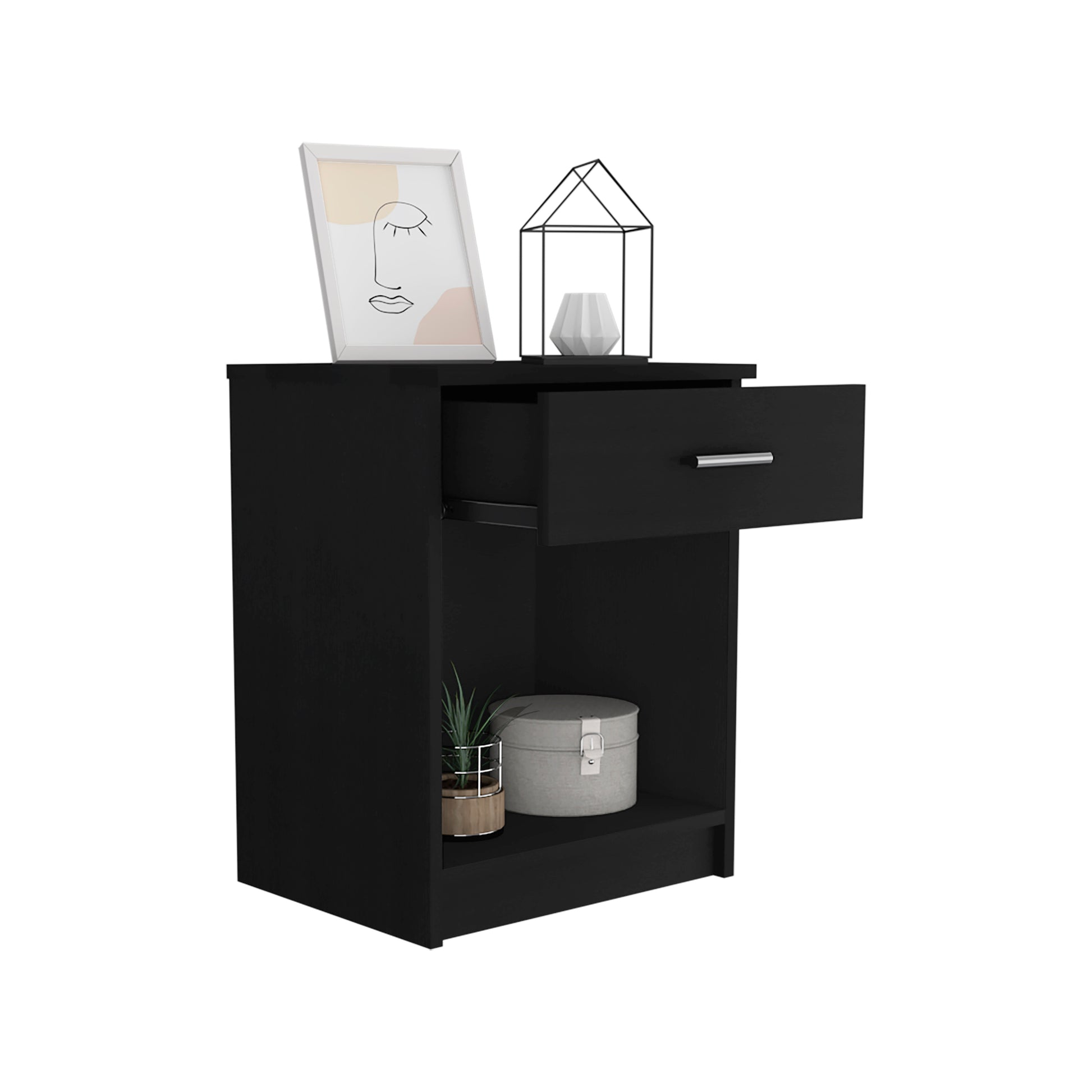 Nightstand 21"H, One Drawer, Low Shelf, Superior Top, Black Black Particle Board Particle Board