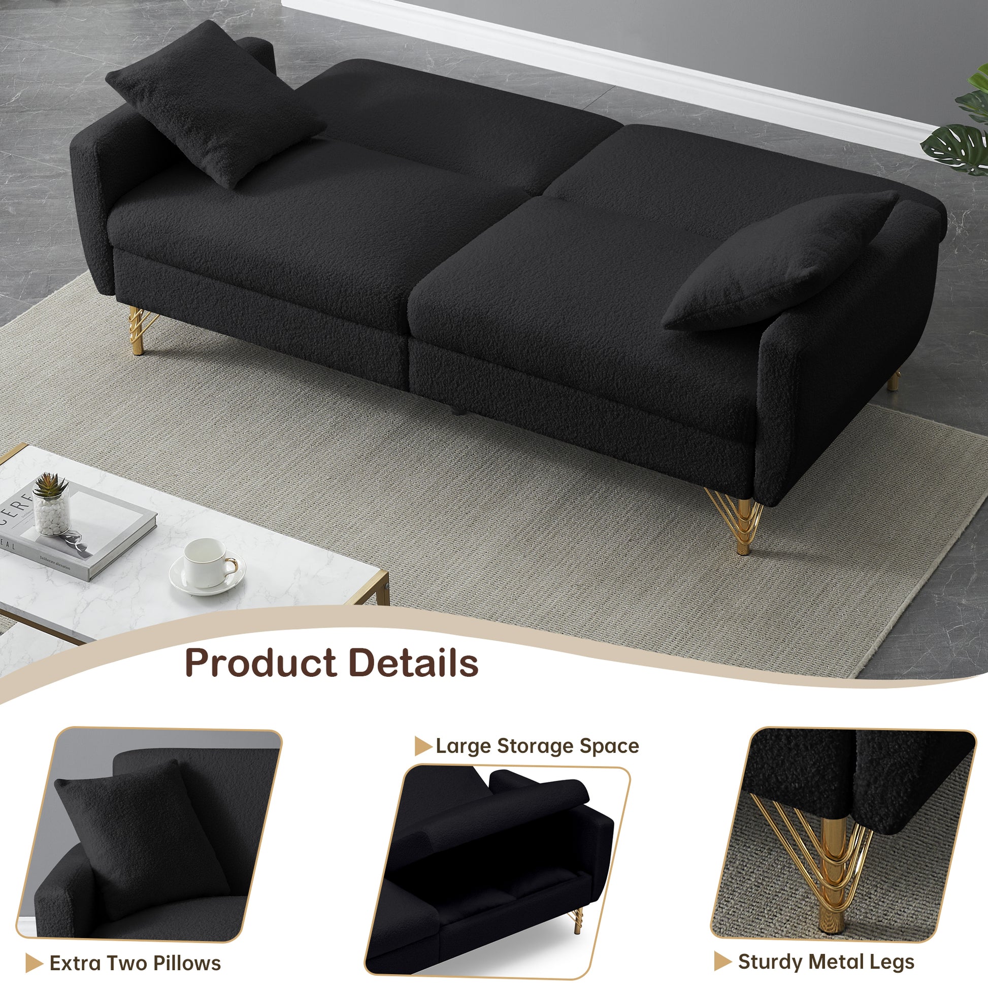 74.41 Inch Teddy Velvet Sofa Bed With Separate Adjustment Backrest And Storage Function Black Light Brown Velvet Wood Primary Living Space Medium Soft Loose Back Contemporary Eucalyptus Square Arms Foam Foam 2 Seat