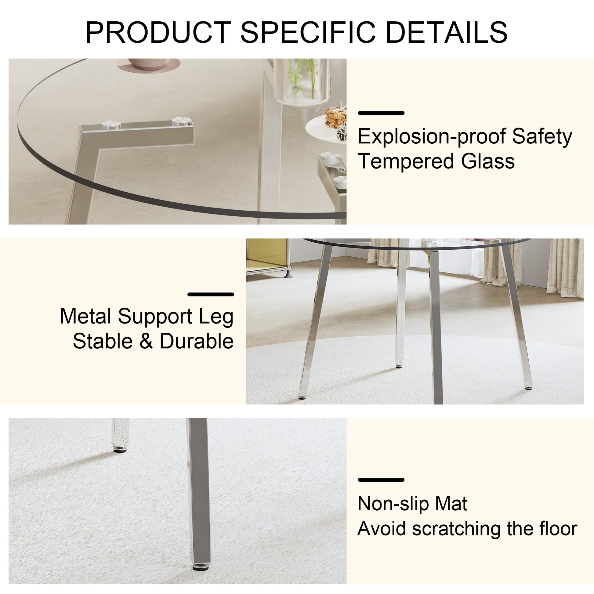 Modern Minimalist Style Circular Transparent Tempered Glass Table, Tempered Glass Tabletop, Silver Metal Table Legs, Suitable For Kitchen, Dining Room, And Living Room, 42 "* 42" * 29.5 "1123R Transparent Glass