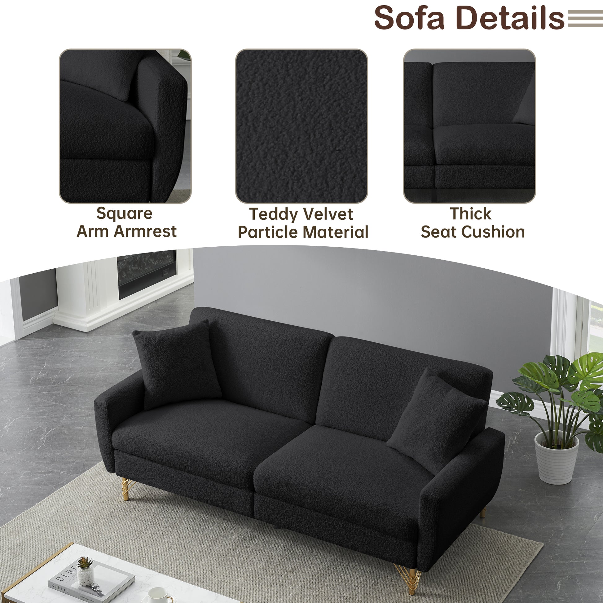 74.41 Inch Teddy Velvet Sofa Bed With Separate Adjustment Backrest And Storage Function Black Light Brown Velvet Wood Primary Living Space Medium Soft Loose Back Contemporary Eucalyptus Square Arms Foam Foam 2 Seat