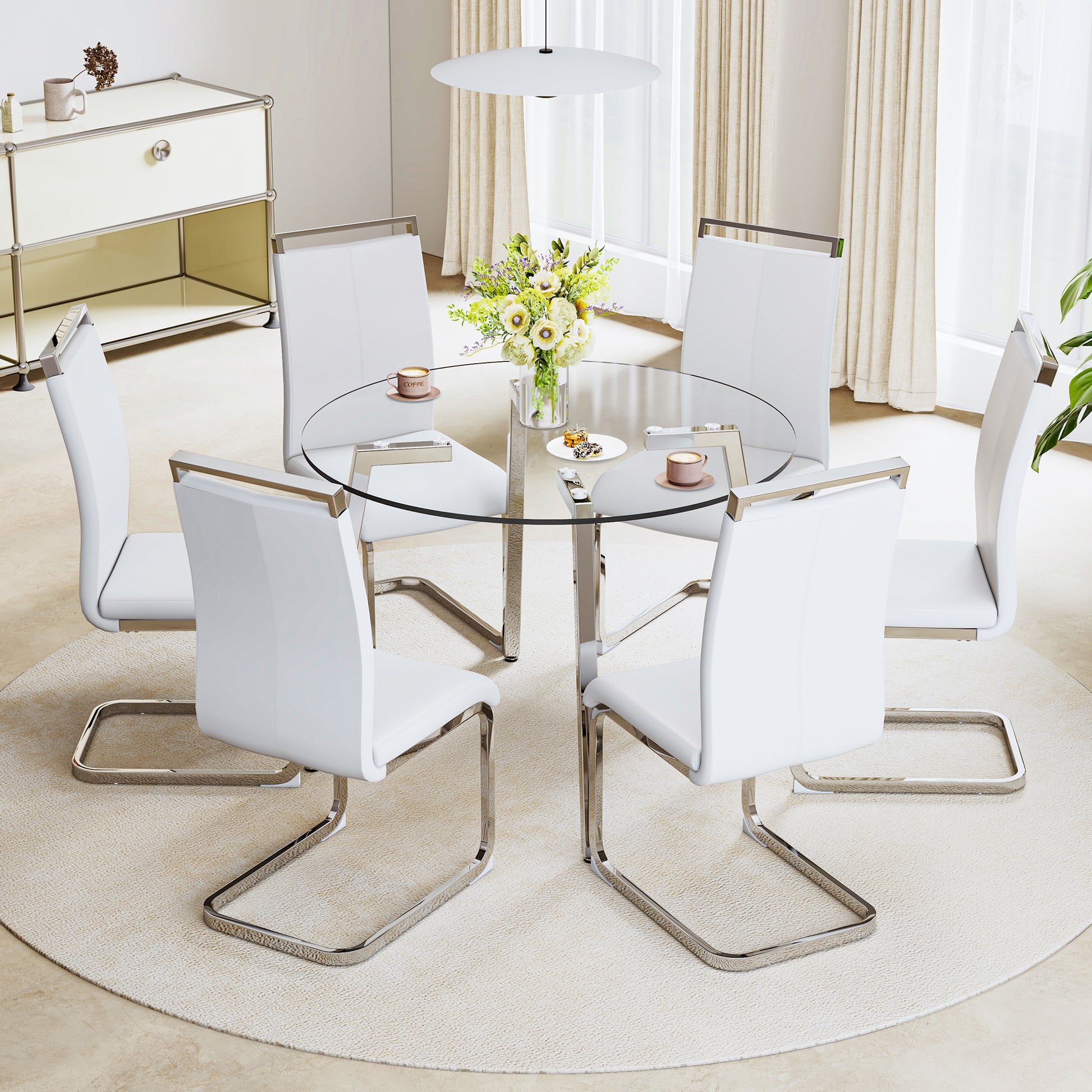Modern Minimalist Style Circular Transparent Tempered Glass Table, Tempered Glass Tabletop, Silver Metal Table Legs, Suitable For Kitchen, Dining Room, And Living Room, 42 "* 42" * 29.5 "1123R Transparent Glass