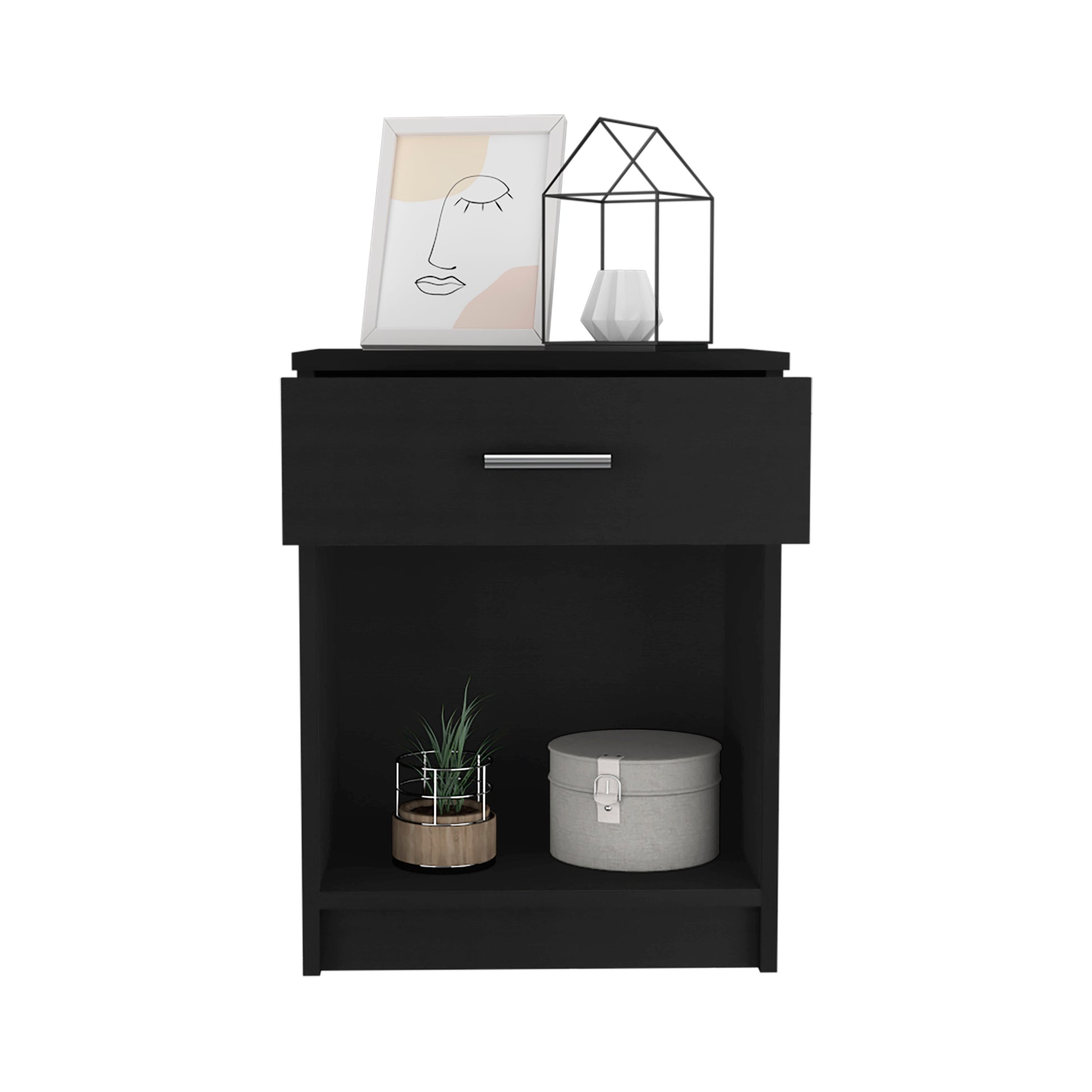 Nightstand 21"H, One Drawer, Low Shelf, Superior Top, Black Black Particle Board Particle Board