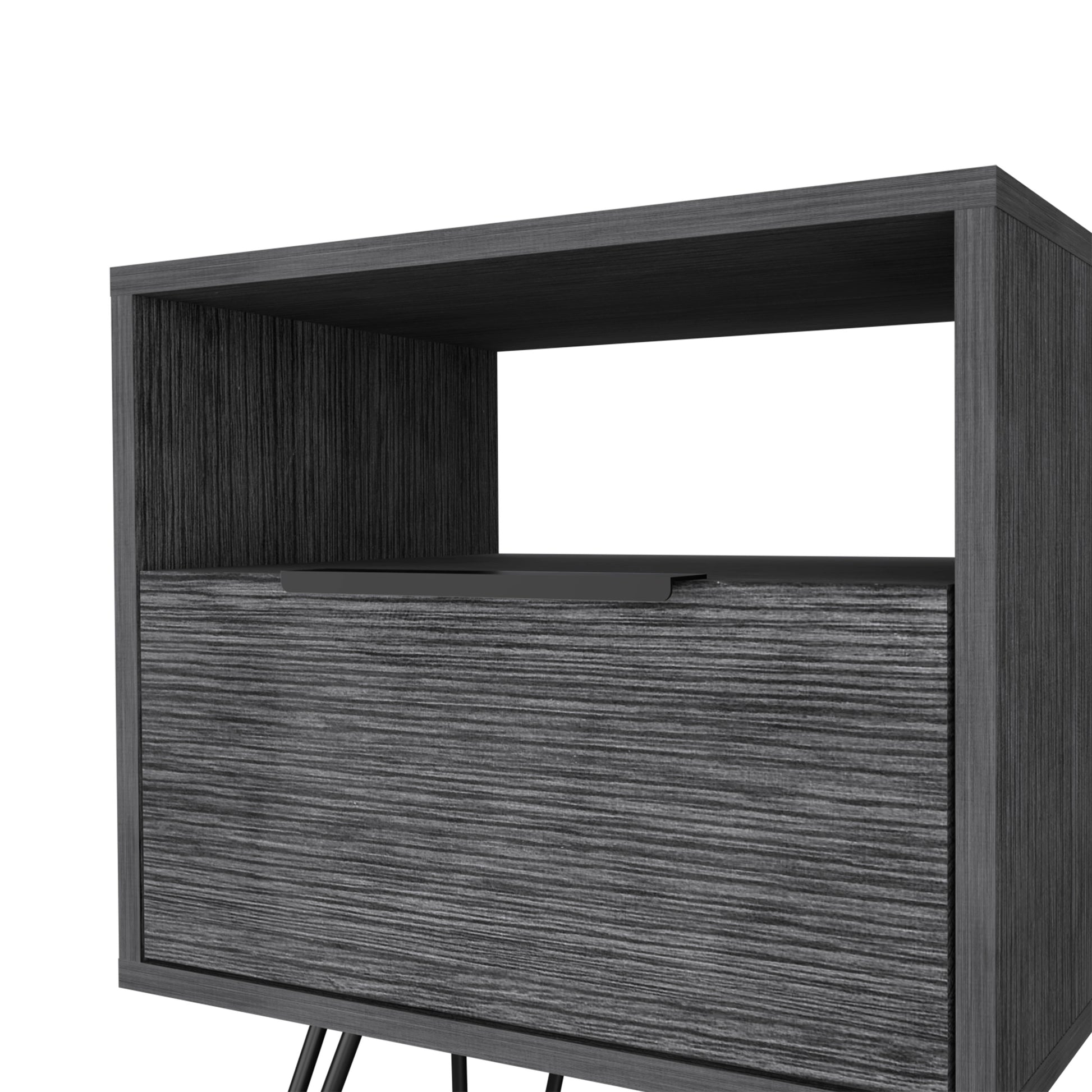 Nightstand 22"H, One Open Shelf, Single Door Cabient, Hairpin Legs, Smokey Oak Gray Particle Board Particle Board