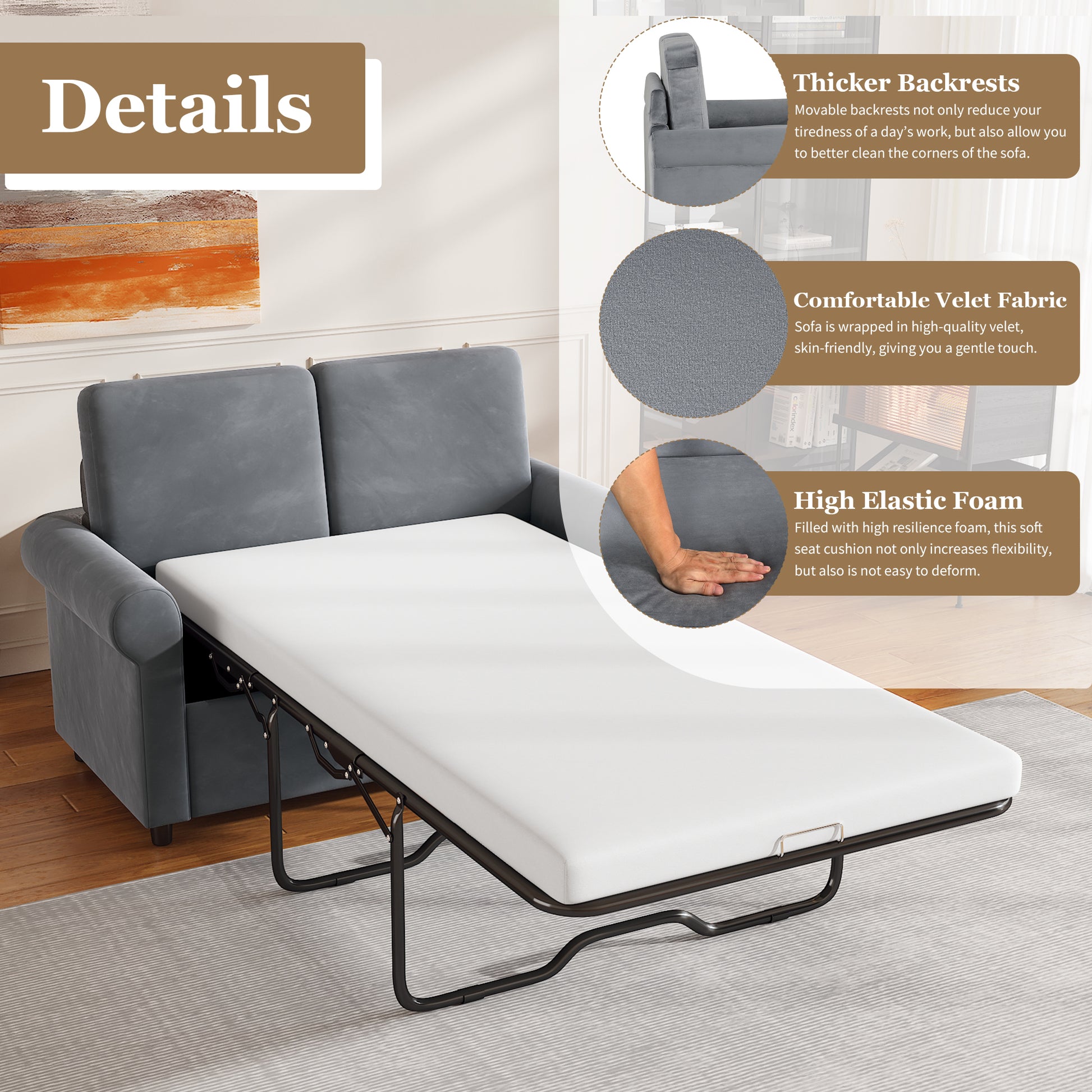 57.4" Pull Out Sofa Bed,Sleeper Sofa Bed With Premium Twin Size Mattress Pad,2 In 1 Pull Out Couch Bed With Two Usb Ports For Living Room,Small Apartment, Gray Old Sku:Wf296899 Gray Foam Velvet