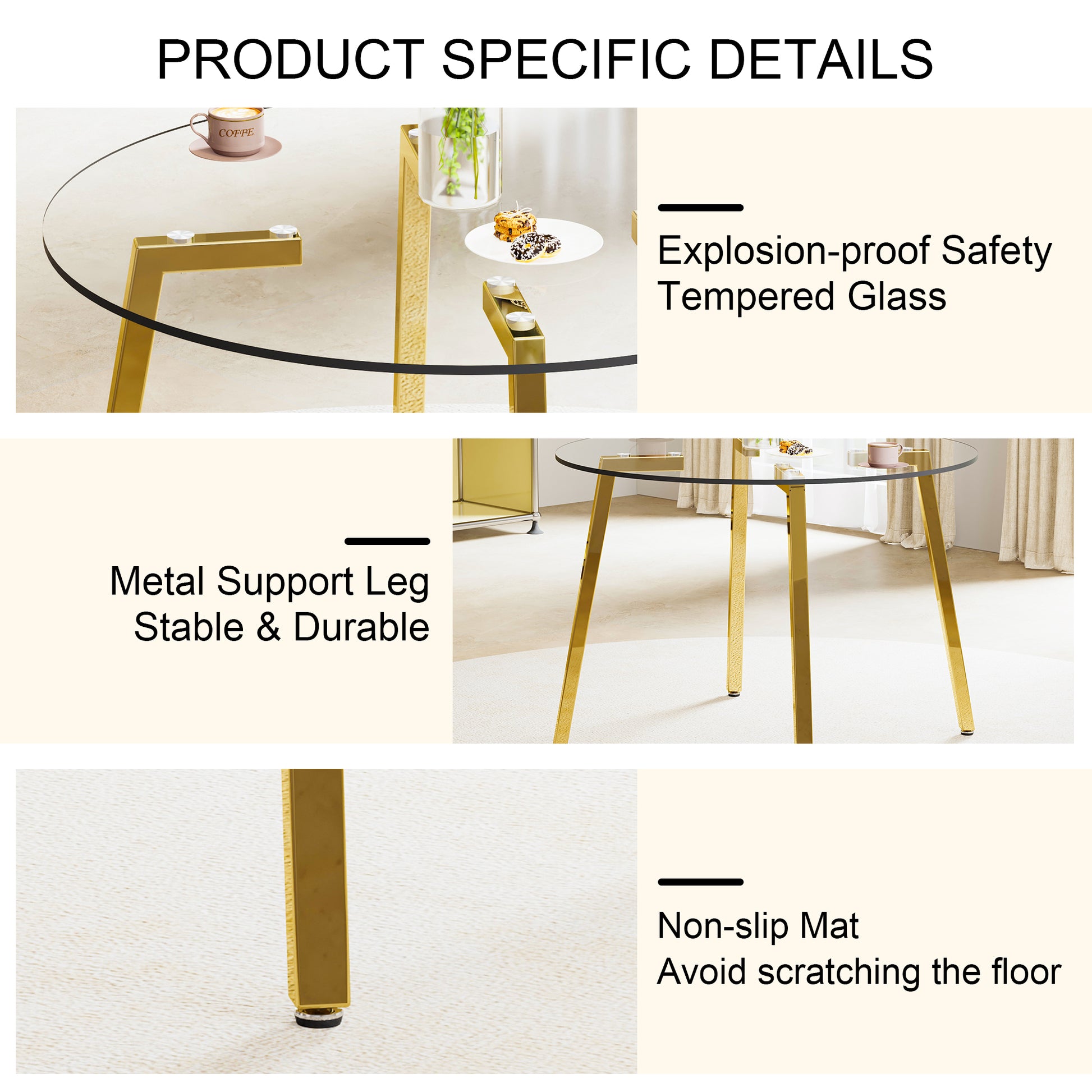 Modern Minimalist Style Circular Transparent Tempered Glass Table, Tempered Glass Tabletop, Golden Metal Legs, Suitable For Kitchen, Dining Room, And Living Room, 40 "* 40" * 29.5 "1123R Transparent Glass