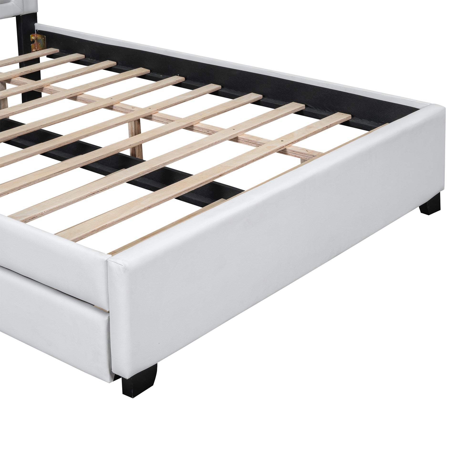 Queen Size Upholstered Platform Bed With Headboard And Twin Size Trundle, White Box Spring Not Required Queen White Bedroom Faux Leather Upholstered