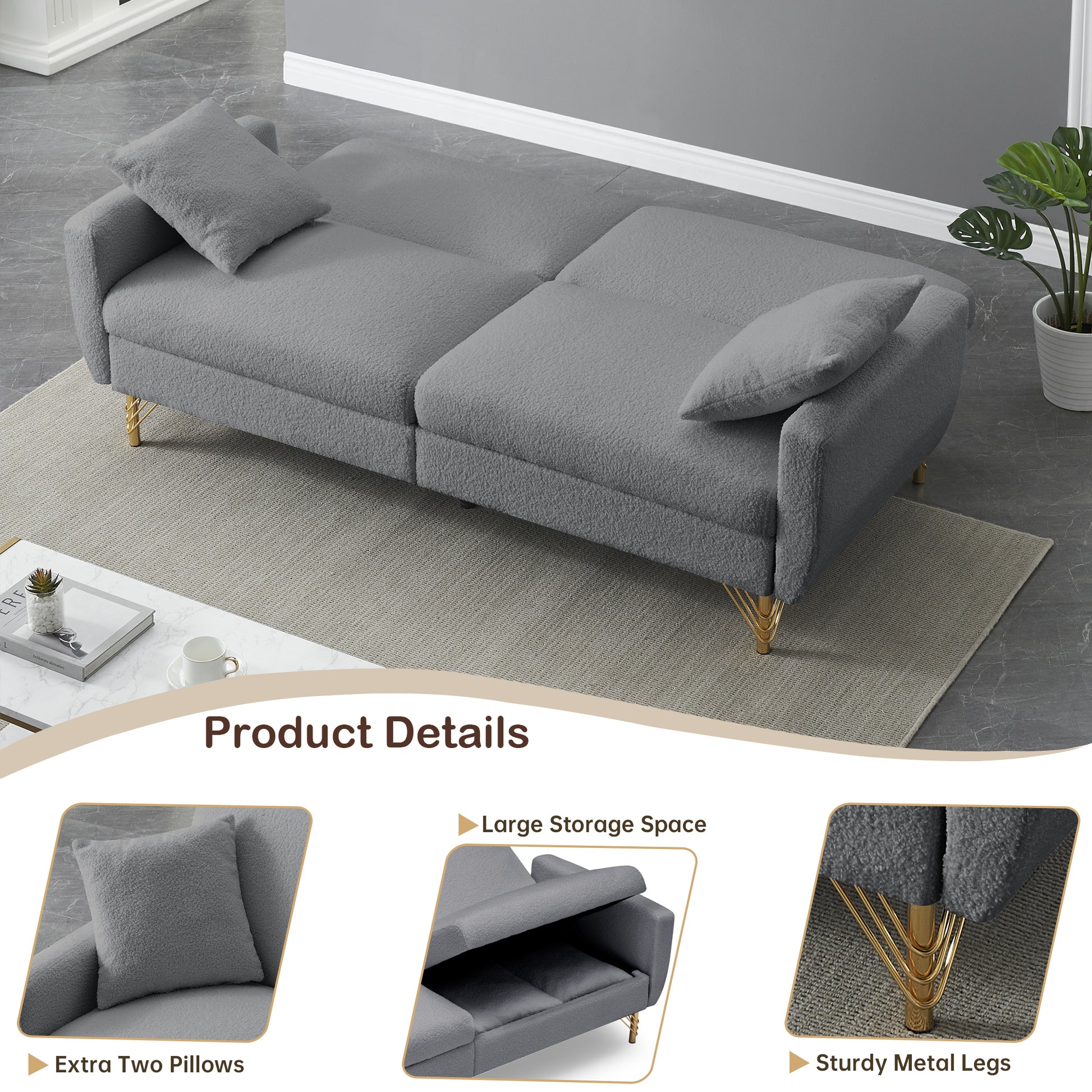 74.41 Inch Teddy Velvet Sofa Bed With Separate Adjustment Backrest And Storage Function Gray Light Brown Velvet Wood Primary Living Space Medium Soft Loose Back Contemporary Square Arms Foam Foam 2 Seat