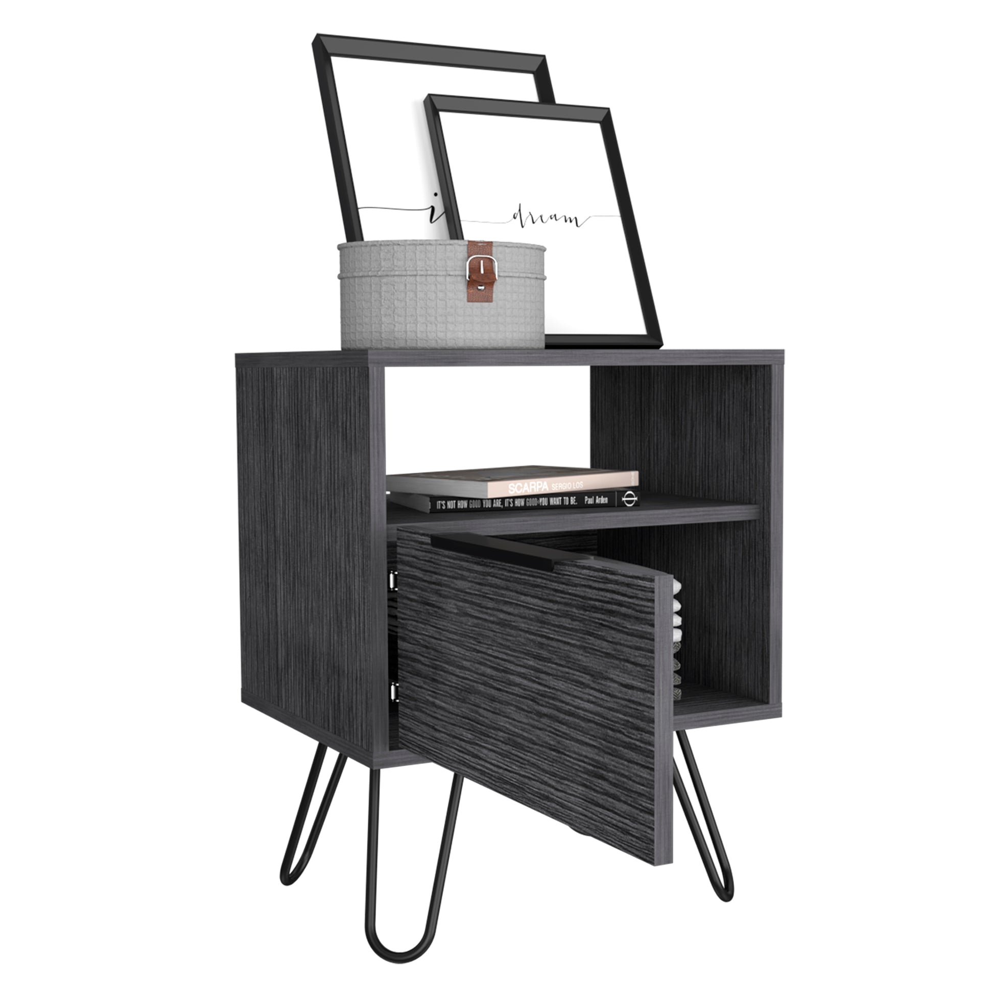 Nightstand 22"H, One Open Shelf, Single Door Cabient, Hairpin Legs, Smokey Oak Gray Particle Board Particle Board