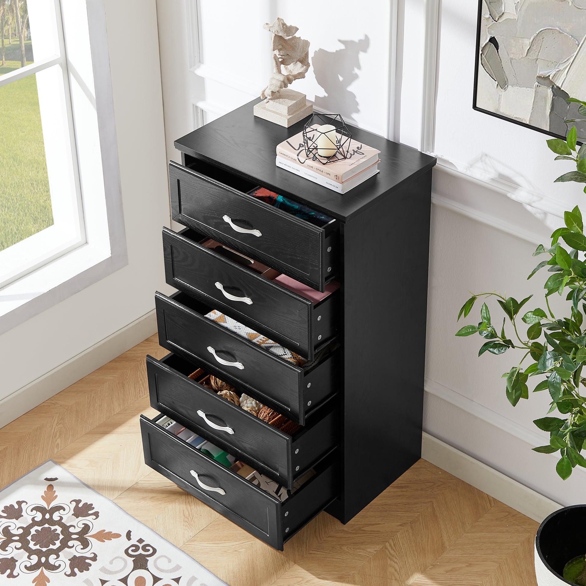 Modern 5 Tier Bedroom Chest Of Drawers, Dresser With Drawers, Clothes Organizer Metal Pulls For Living Room, Bedroom, Hallway, Black, 25.2 L X 15.8 W X 43.5 H Black Particle Board