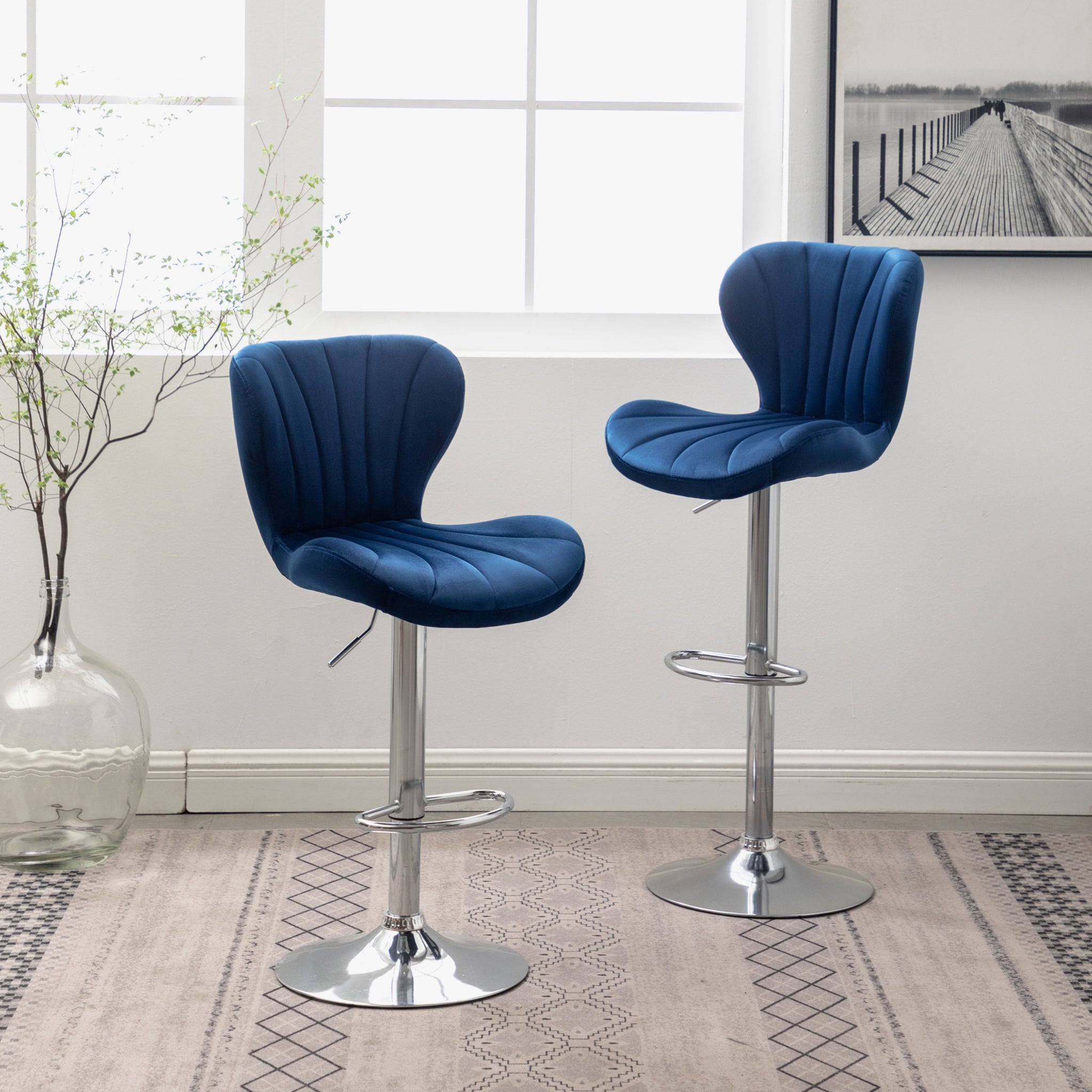 Ellston Upholstered Adjustable Swivel Barstools In Blue, Set Of 2 Blue Polyester