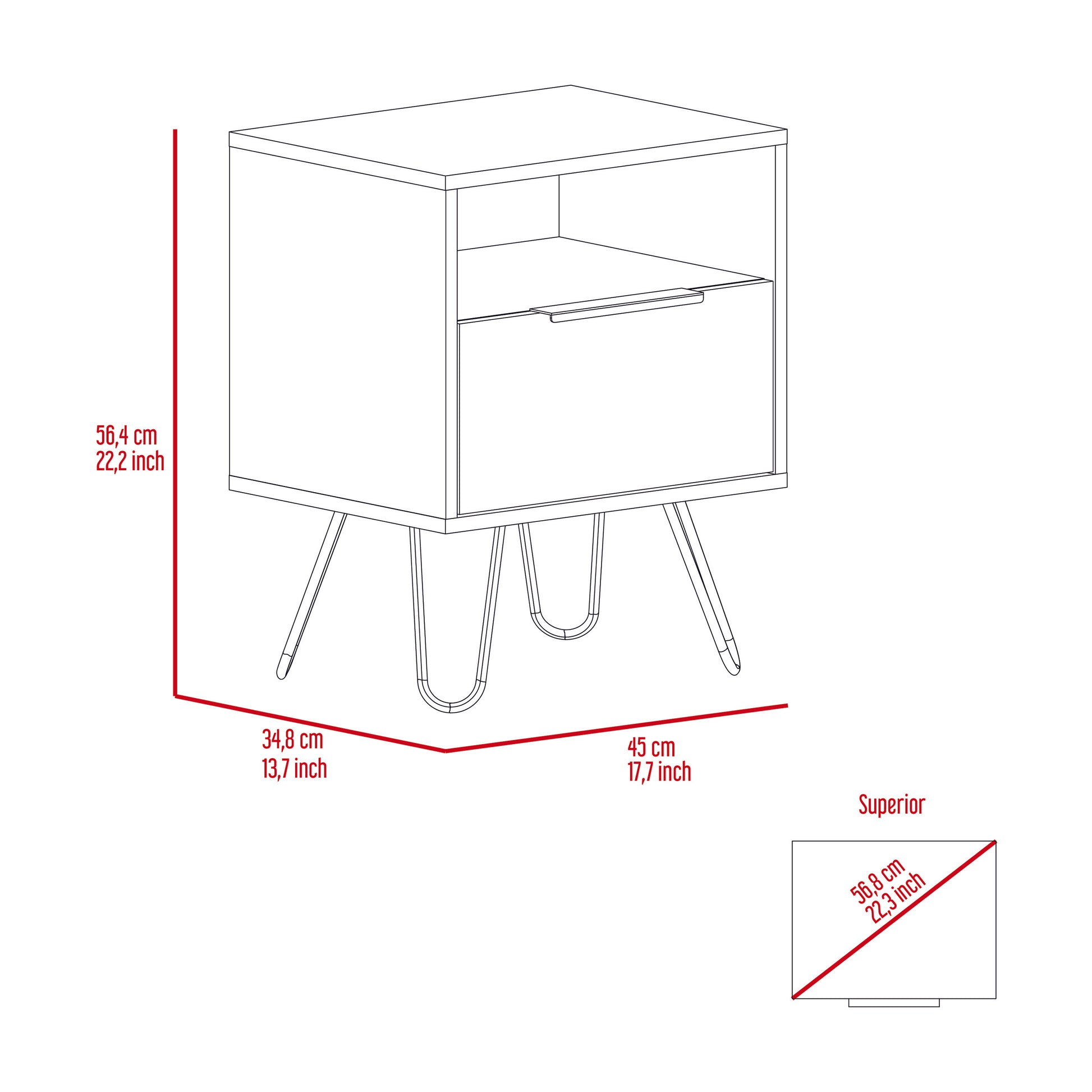 Nightstand 22"H, One Open Shelf, Single Door Cabient, Hairpin Legs, Light Oak Beige Particle Board Particle Board