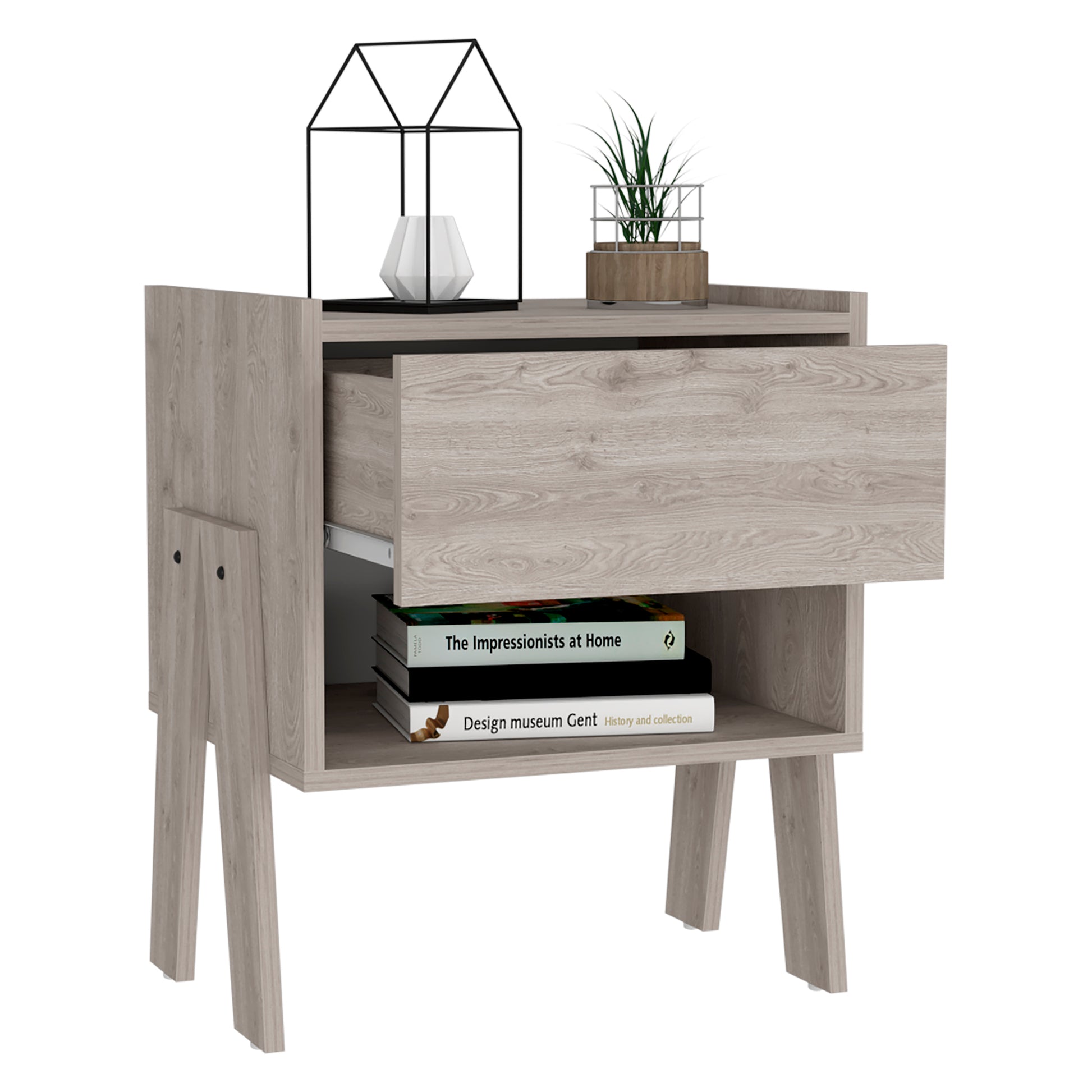 Nightstand 22"H, One Drawer, One Open Shelf, Light Gray Gray Particle Board Particle Board