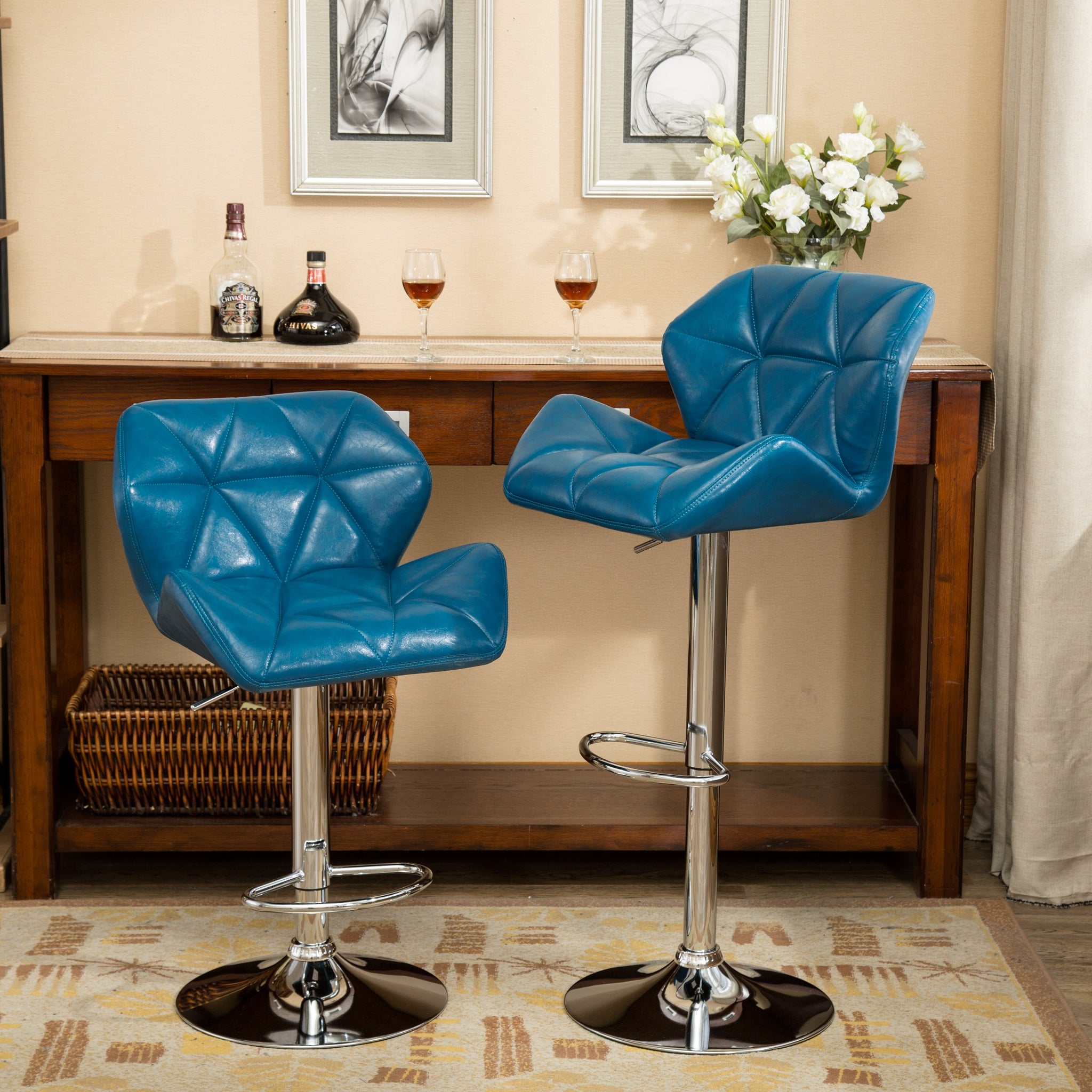 Glasgow Contemporary Tufted Adjustable Height Hidraulic Bar Stools, Set Of 2, Blue Blue Faux Leather