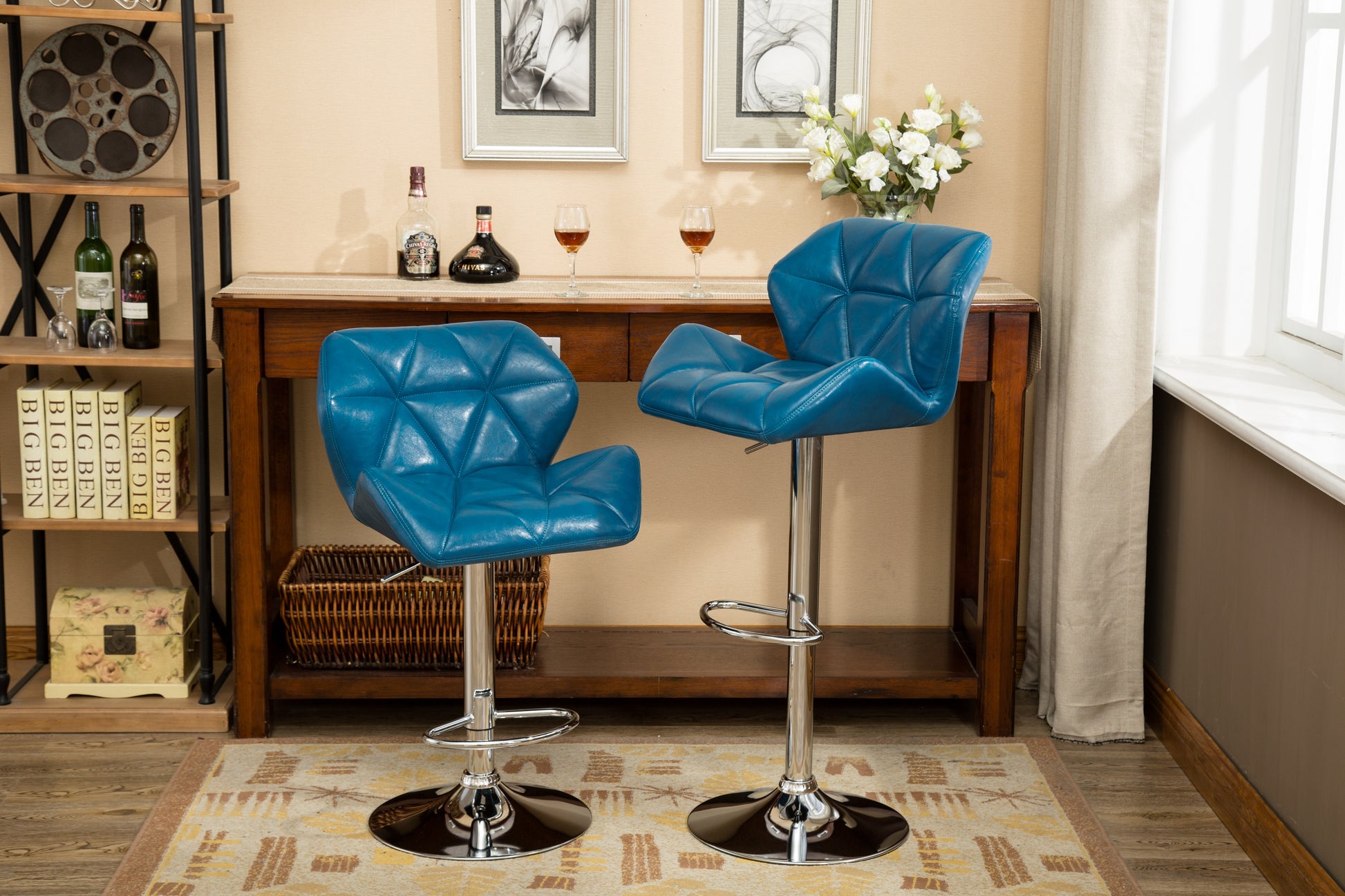 Glasgow Contemporary Tufted Adjustable Height Hidraulic Bar Stools, Set Of 2, Blue Blue Faux Leather