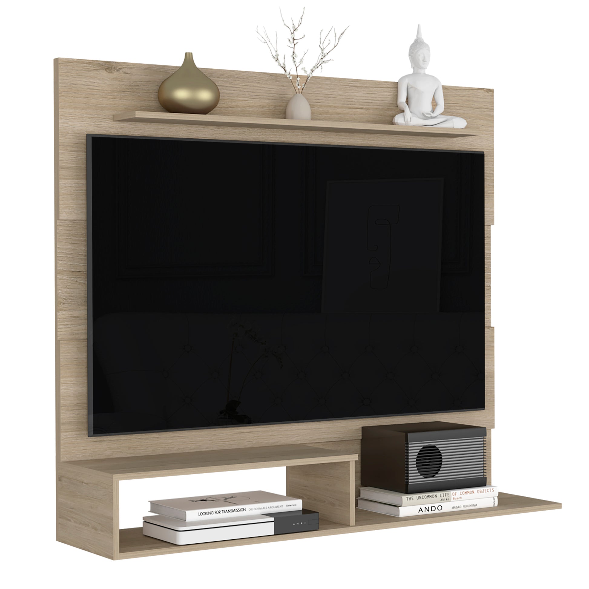 Floating Entertainment Center For Tv S Up 55", Space For Tv, One Superior Shelf For Decoration, Two Shelves For Video Game, Routers And Phonelight Pine Beige 50 59 Inches Particle Board Particle Board