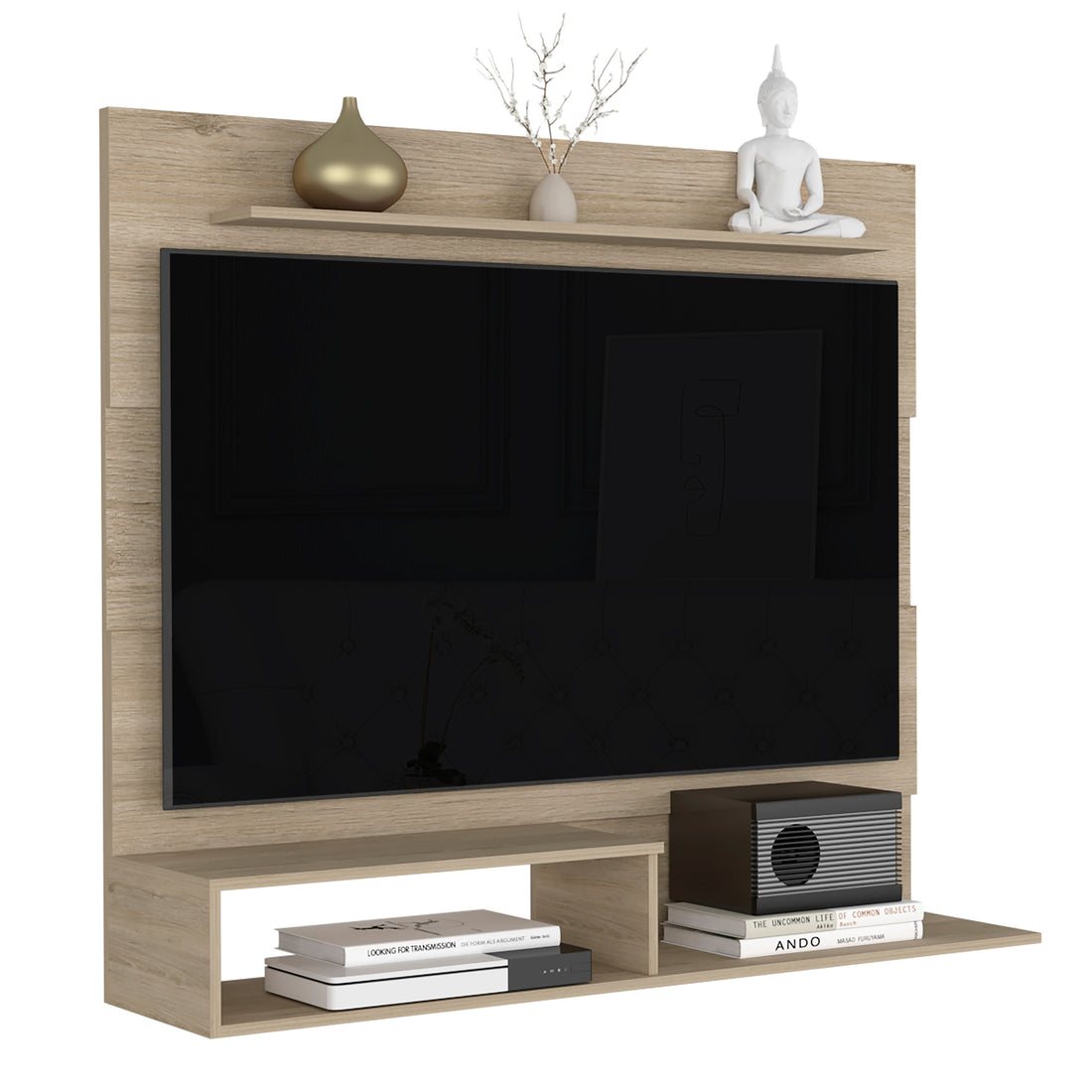 Floating Entertainment Center For Tv S Up 55", Space For Tv, One Superior Shelf, Two Shelves, Light Pine Beige 50 59 Inches Particle Board Particle Board