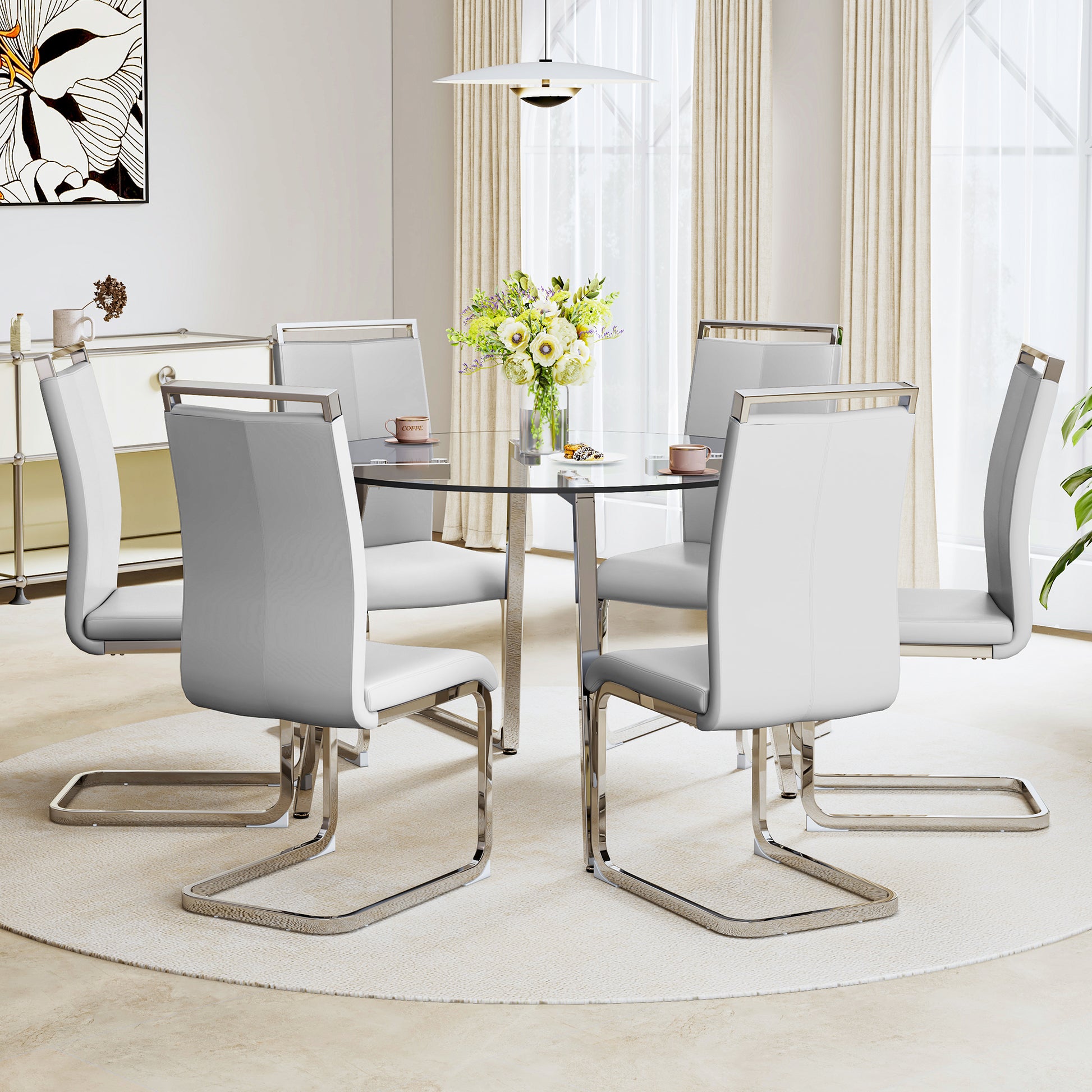 Modern Minimalist Style Circular Transparent Tempered Glass Table, Tempered Glass Tabletop, Silver Metal Table Legs, Suitable For Kitchen, Dining Room, And Living Room, 42 "* 42" * 29.5 "1123R Transparent Glass