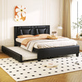 Queen Size Upholstered Platform Bed With Headboard And Twin Size Trundle, Black Box Spring Not Required Queen Black Bedroom Faux Leather Upholstered