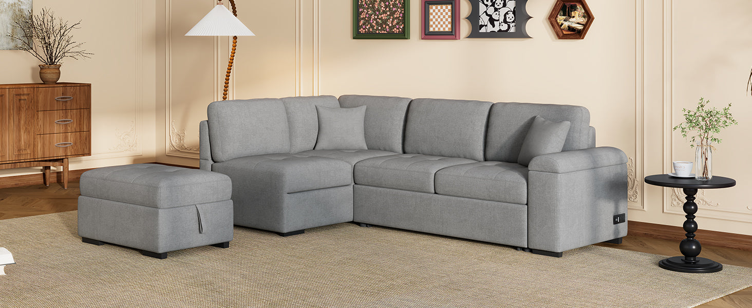 Sleeper Sectional Sofa, L Shape Corner Couch Sofa Bed With Storage Ottoman & Hidden Arm Storage & Usb Charge For Living Room Apartment, Gray Gray Velvet 4 Seat