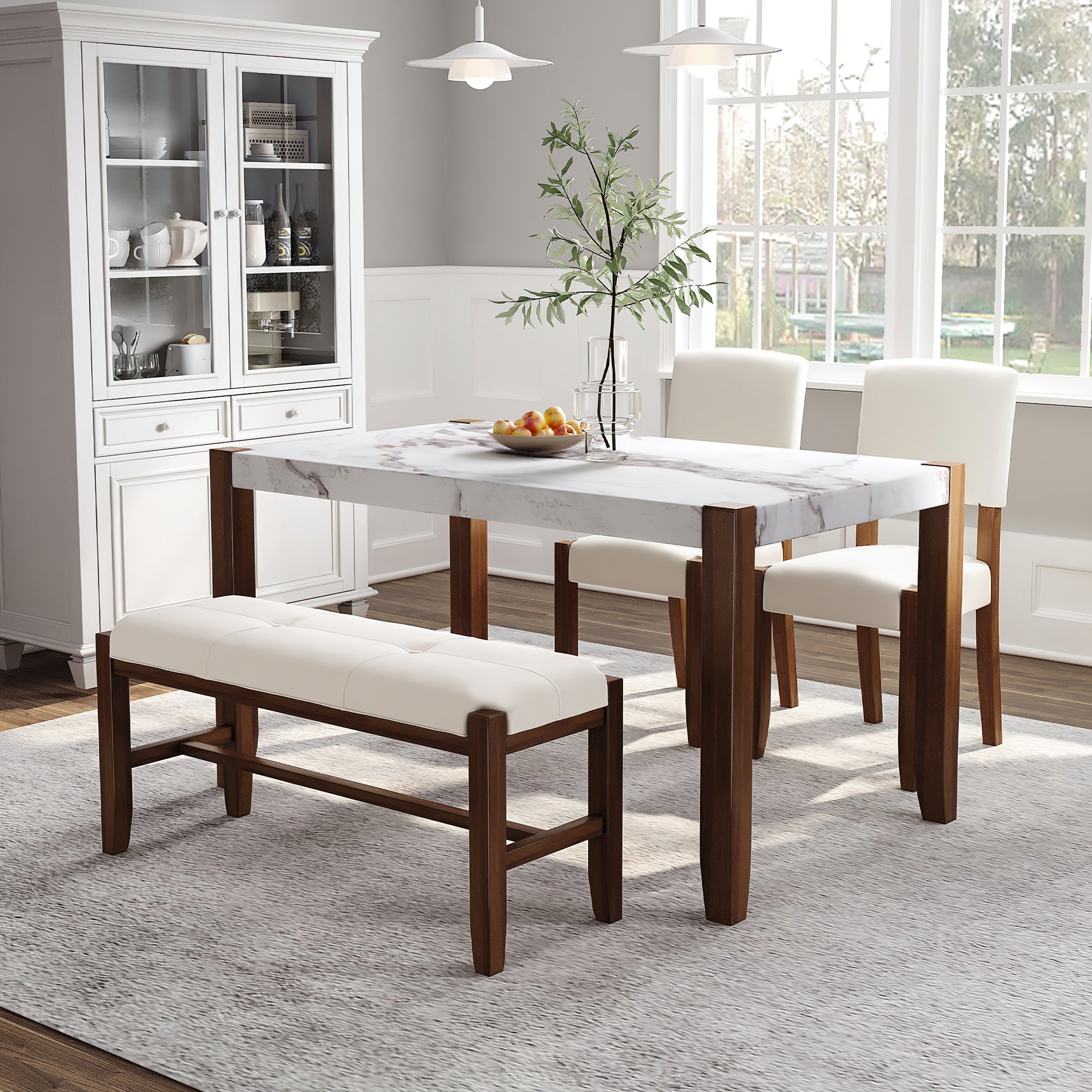 4 Piece Modern Dining Furniture Set, 4 Person Space Saving Dinette For Kitchen, 46" Faux Marble Style Table And 2 Upholstered Chairs & Bench With Wood Legs Off White Rubber Wood