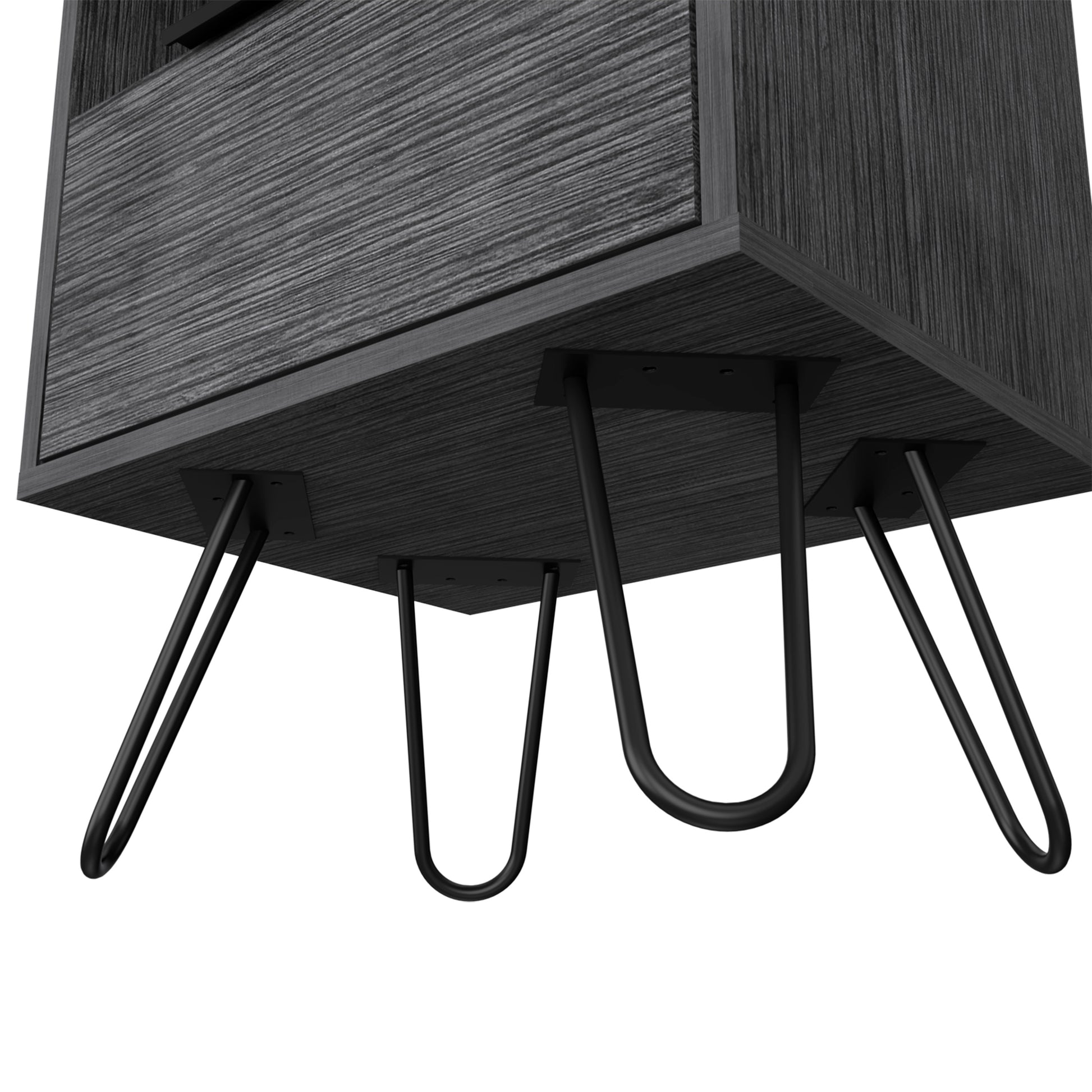 Nightstand 22"H, One Open Shelf, Single Door Cabient, Hairpin Legs, Smokey Oak Gray Particle Board Particle Board