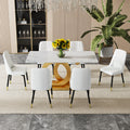 A Large Modern Minimalist Rectangular Dining Table Suitable For 6 8 People, A Set Of 6 Piece Pu Leather Backrest And Black Metal Legs Modern Dining Chairs. F Oc C 007 Gold Mdf Glass