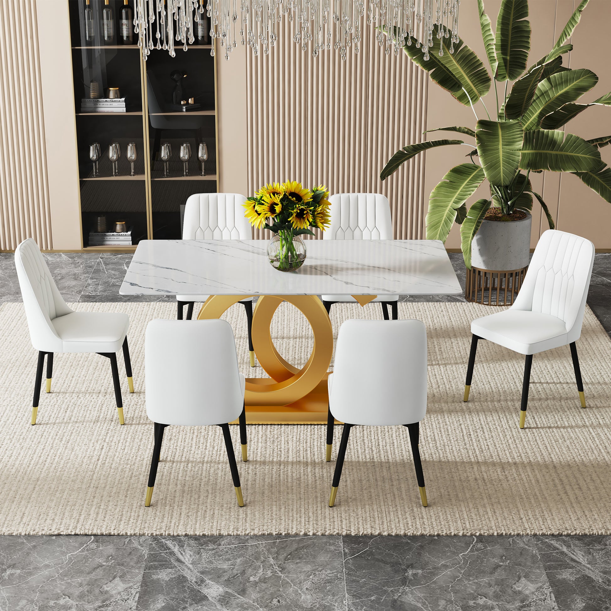 A Large Modern Minimalist Rectangular Dining Table Suitable For 6 8 People, A Set Of 6 Piece Pu Leather Backrest And Black Metal Legs Modern Dining Chairs. F Oc C 007 Gold Mdf Glass