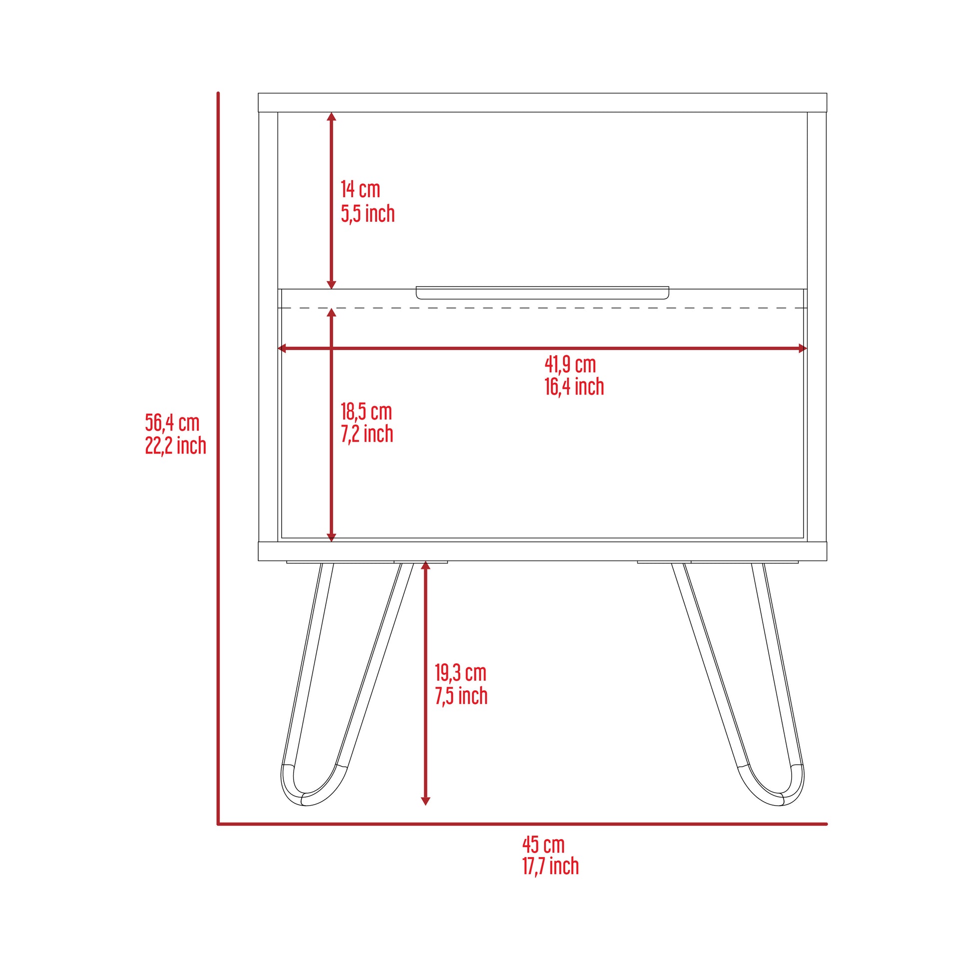 Nightstand 22"H, One Open Shelf, Single Door Cabient, Hairpin Legs, White White Particle Board Particle Board