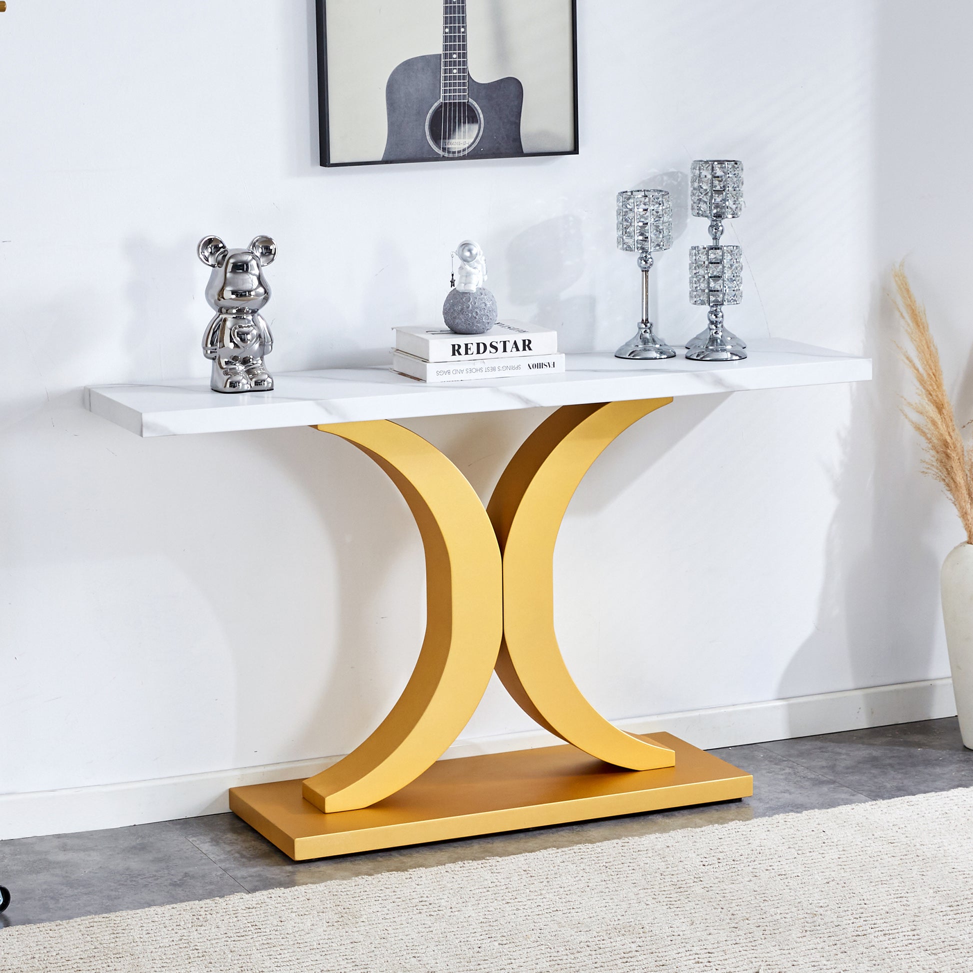 A Modern Minimalist Style Foyer Table With White Tabletop, Gold Bracket, And Bottom Plate, Enhancing The Beauty And Artistic Atmosphere Of The Home, Suitable For The Foyer Fxg White Gold Mdf