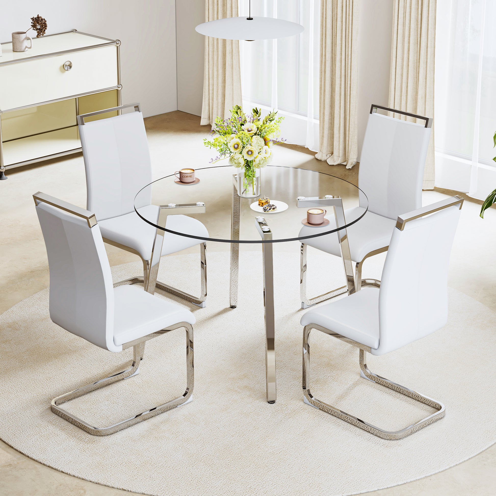 Modern Minimalist Style Circular Transparent Tempered Glass Table, Tempered Glass Tabletop, Silver Metal Table Legs, Suitable For Kitchen, Dining Room, And Living Room, 42 "* 42" * 29.5 "1123R Transparent Glass