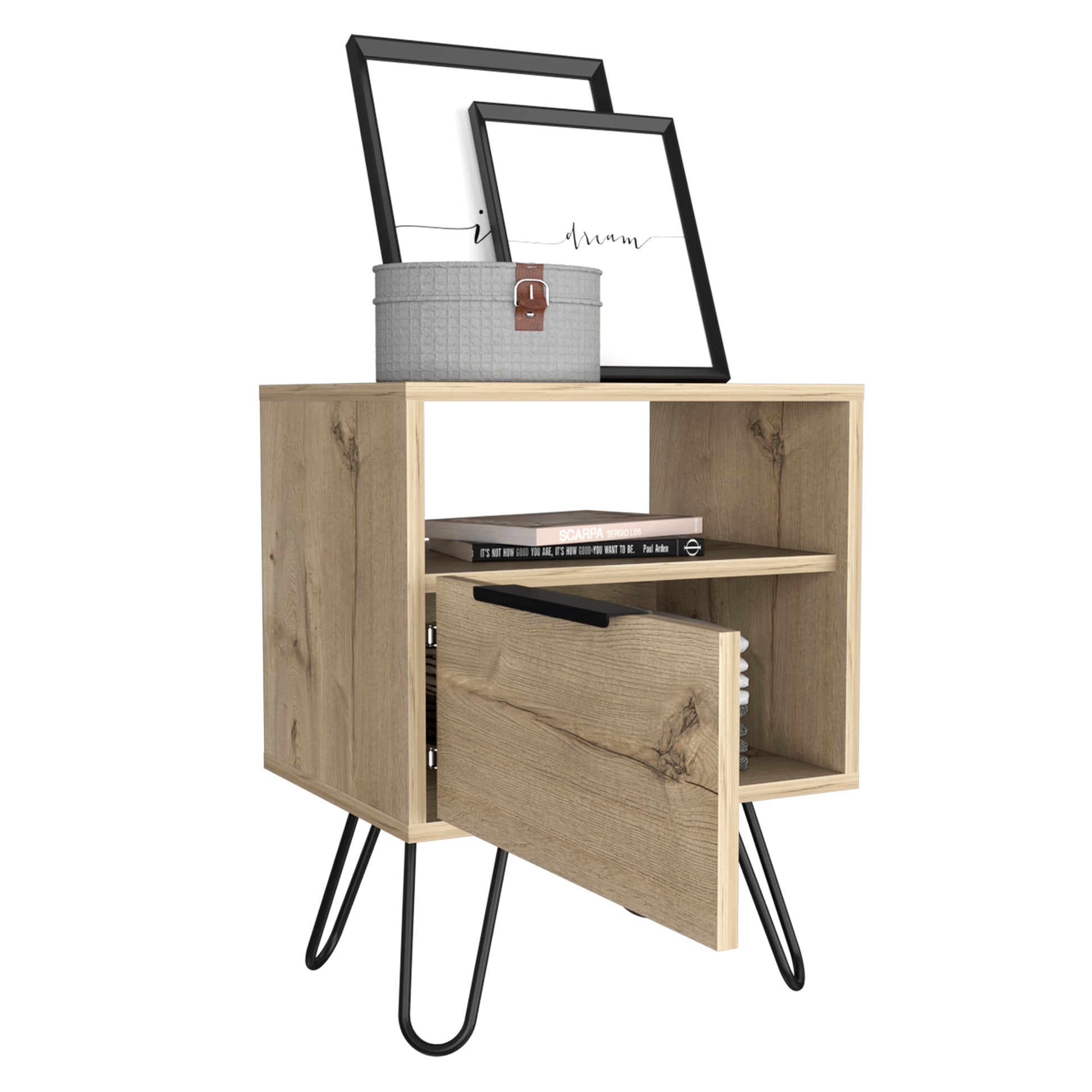 Nightstand 22"H, One Open Shelf, Single Door Cabient, Hairpin Legs, Light Oak Beige Particle Board Particle Board