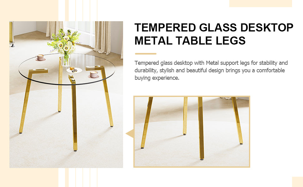 Modern Minimalist Style Circular Transparent Tempered Glass Table, Tempered Glass Tabletop, Golden Metal Legs, Suitable For Kitchen, Dining Room, And Living Room, 40 "* 40" * 29.5 "1123R Transparent Glass