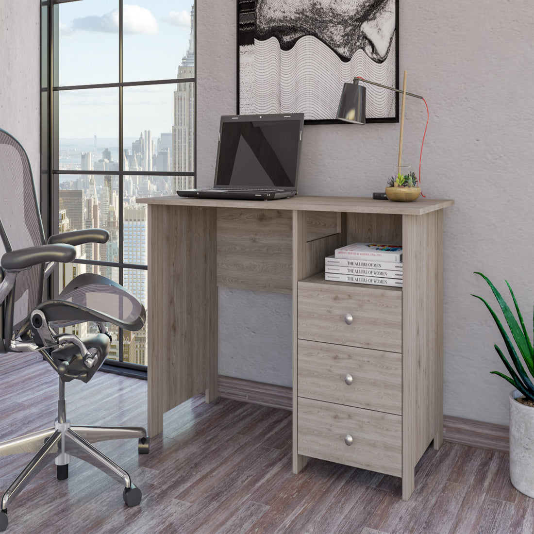 Computer Desk With Open Storage Shelf And 3 Drawers, Light Gray Gray Particle Board Particle Board