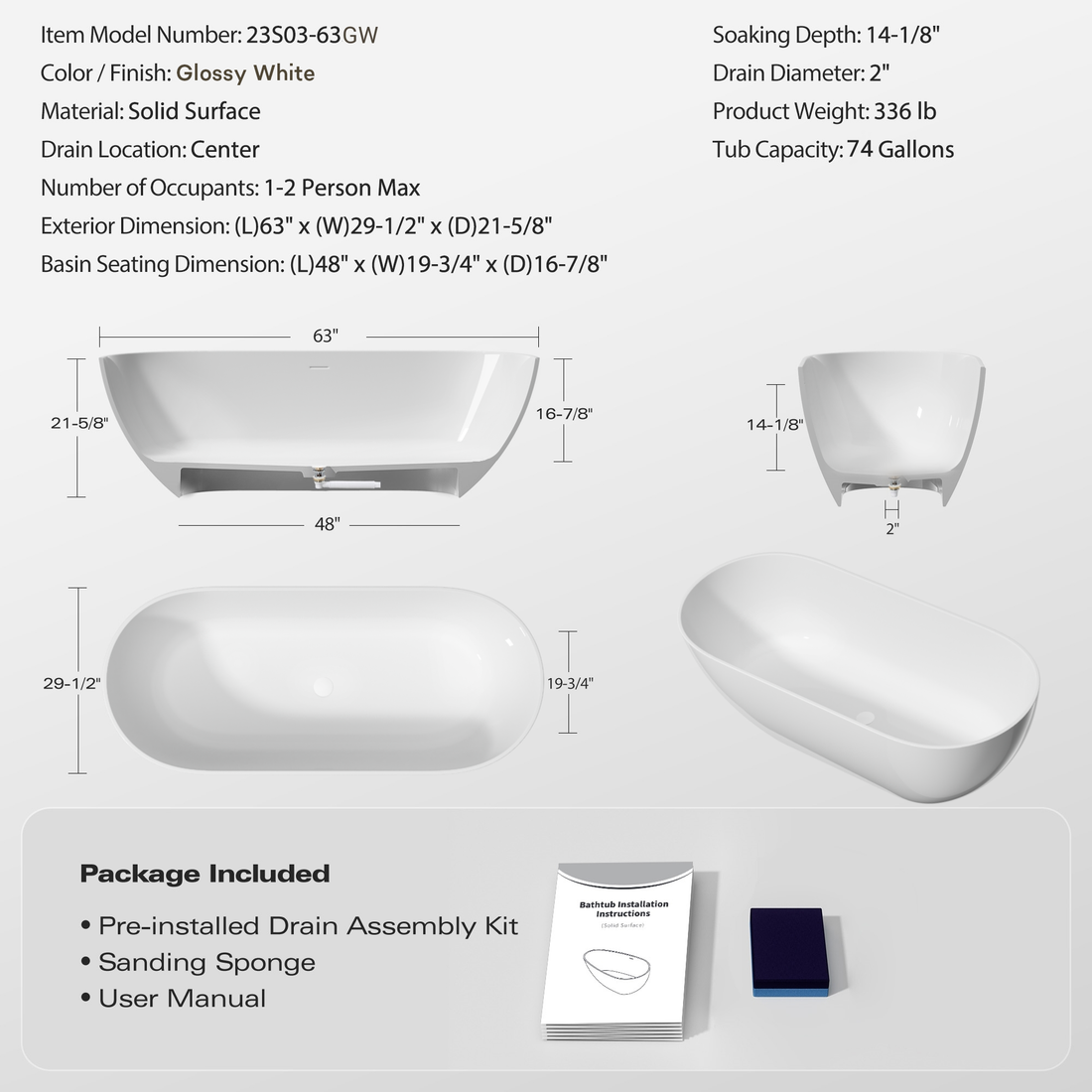 63" Freestanding Solid Surface Bathtub, Luxury Engineered Stone Resin Freestanding Soaking Bathtub With Overflow And Pop Up Drain For Contemporary Bathroom, Glossy White 23S03 63Gw Gloss White Solid Surface