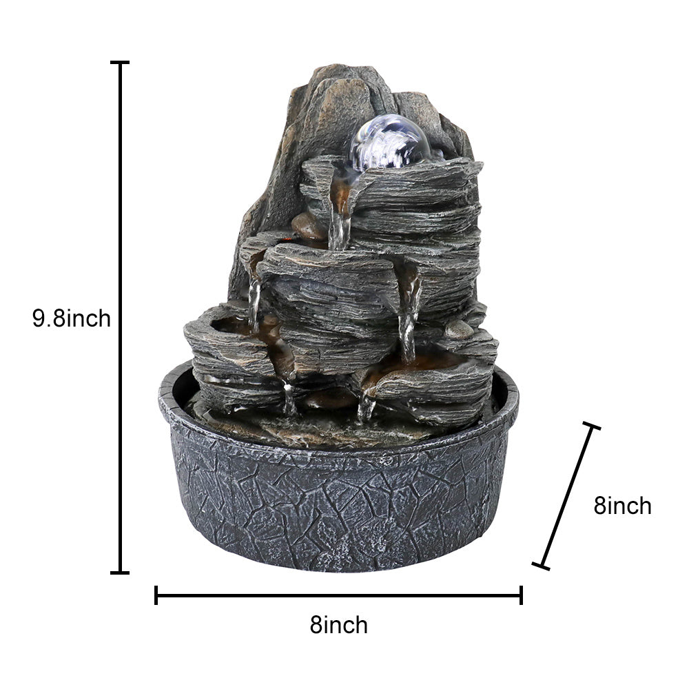 9.8Inches Indoor Tabletop Fountain Cascading Fountain With Led Light & Crystal Ball Gray Resin